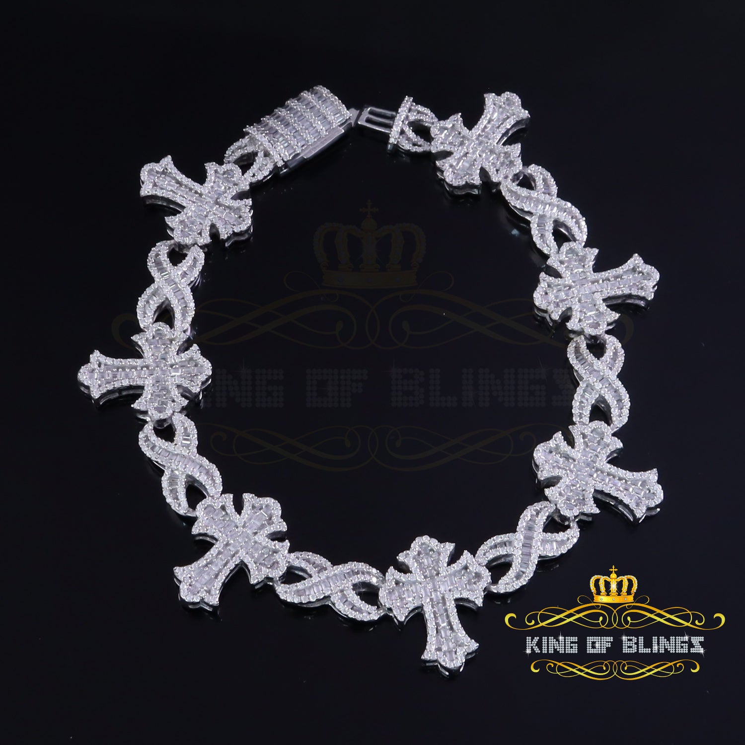 King Of Bling's 925 Silver White 9.00ct Moissanite budded cross Men's/Womens Bracelet 8 Inch. KING OF BLINGS