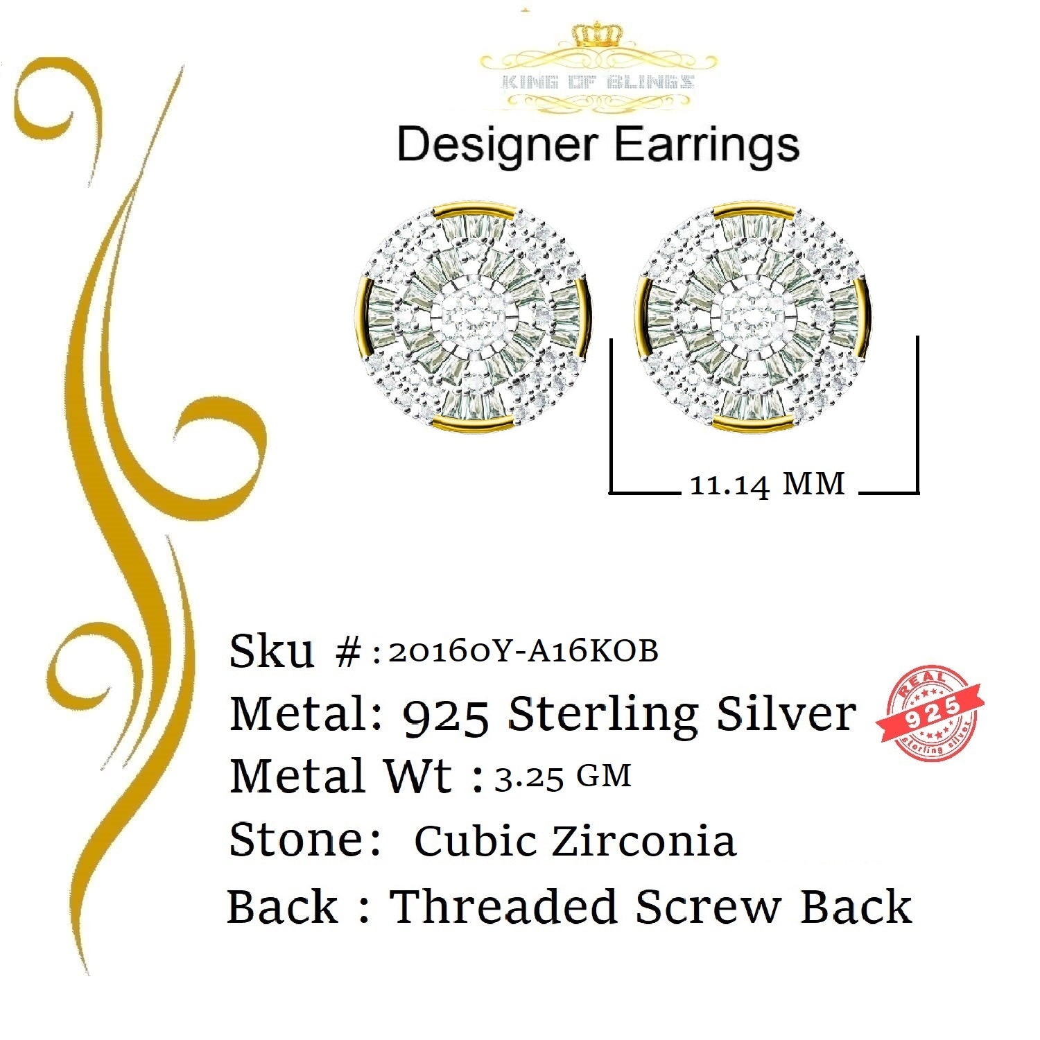 King of Bling's Aretes Para Hombre 925 Yellow Silver 0.96ct Cubic Zirconia Round Ladies Earrings KING OF BLINGS