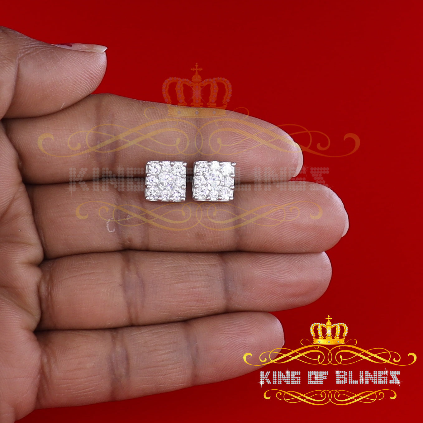 King of Blings- 925 White 1.46ct Sterling Silver Cubic Zirconia Women's & Men's Square Earrings KING OF BLINGS