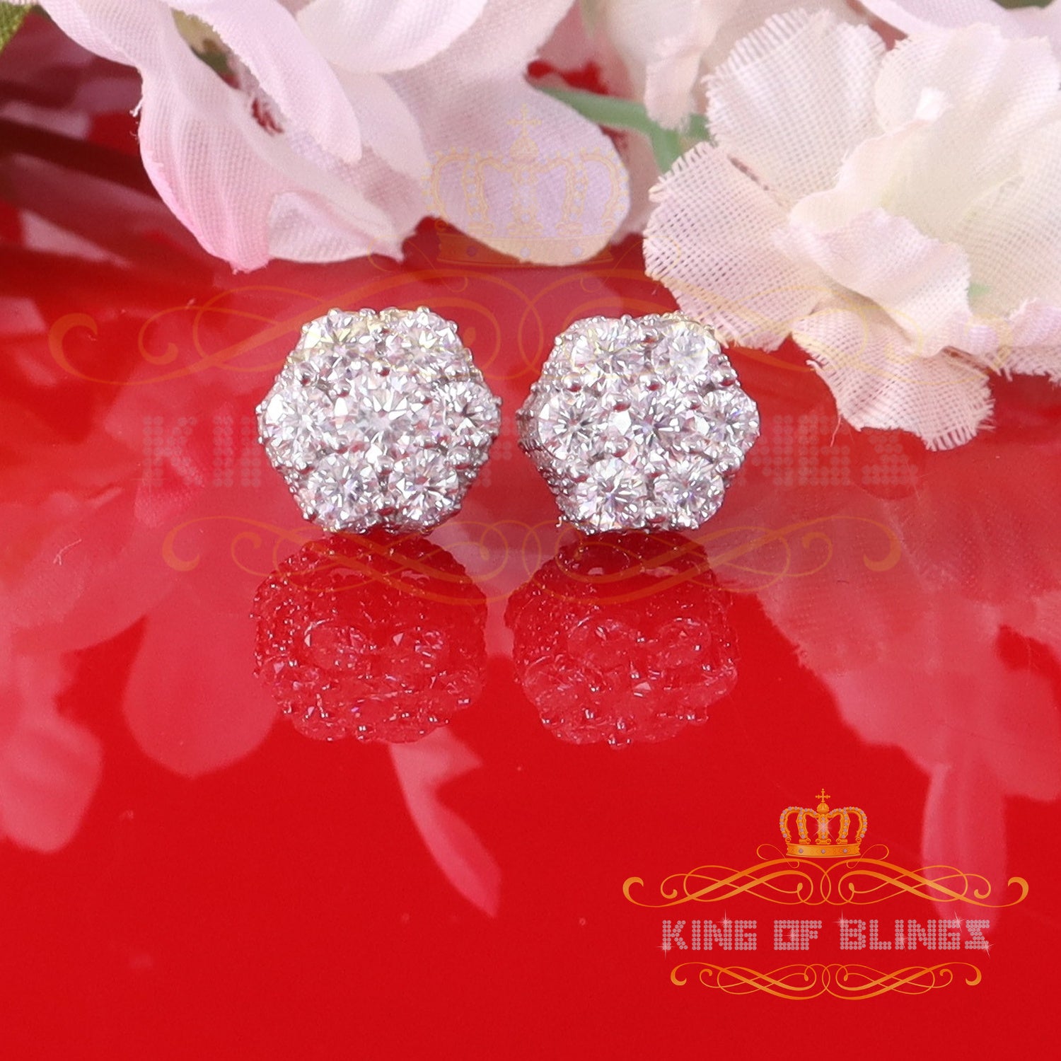 King of Bling's Men's/Women's 925 Silver White 2.00ct VVS 'D' Moissanite Floral Stud Earrings KING OF BLINGS