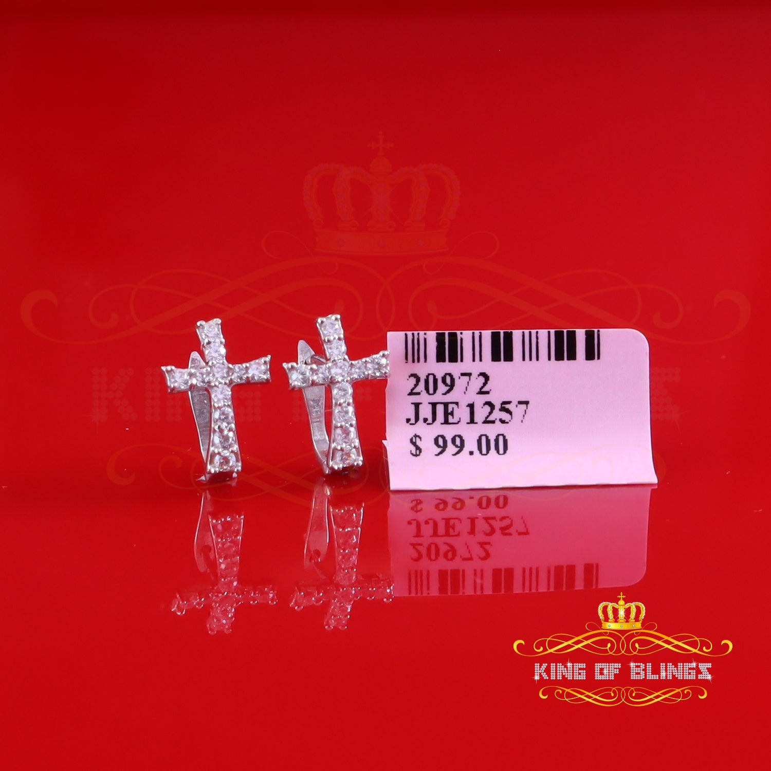 King of Bling's 925 Silver Round Shape White Hip Hop Cross Stud Earrings 22 CZ Stones Women KING OF BLINGS
