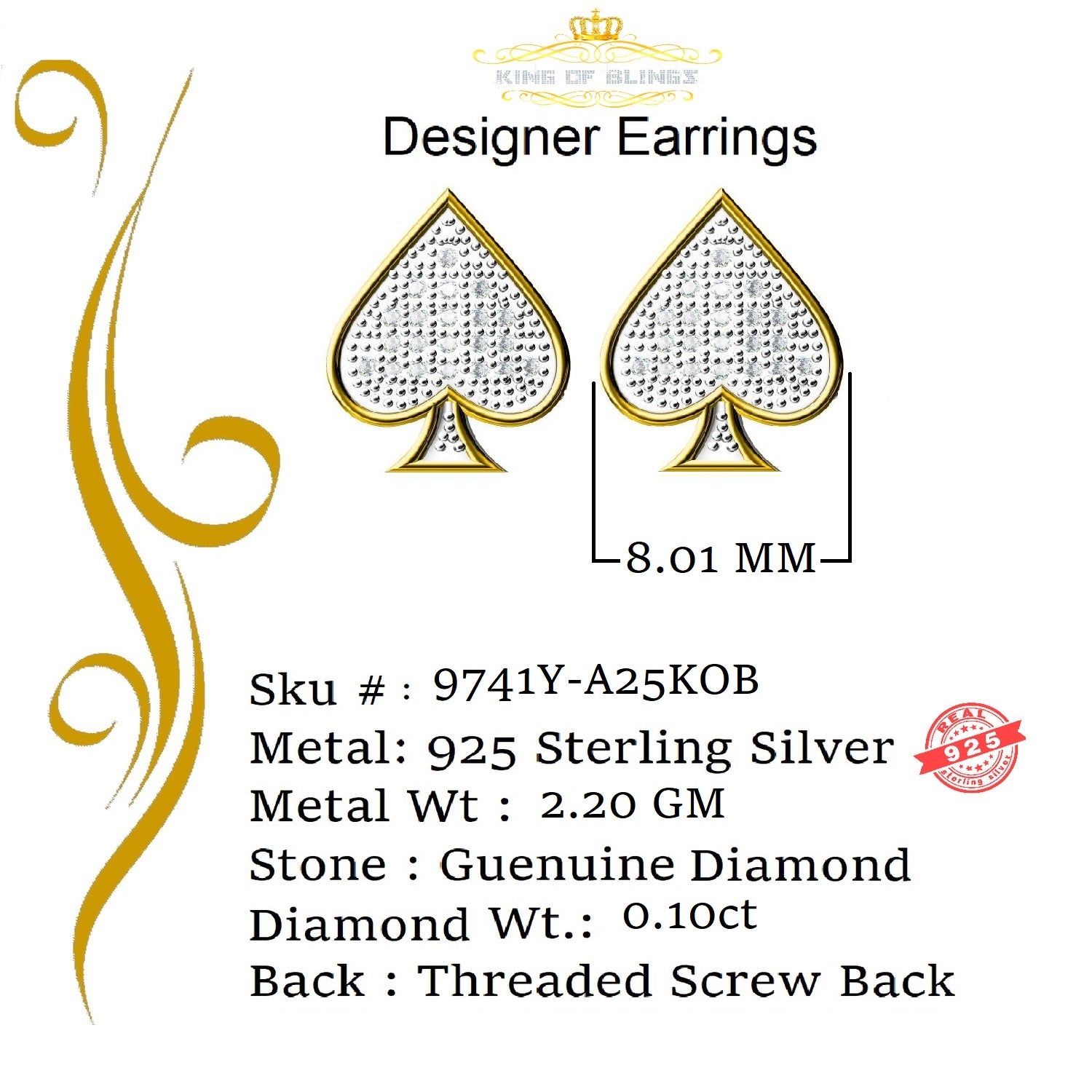King of Blings-925 Sterling Silver Yellow 0.10ct Diamond For Women's / Men's Stud Heart Earring KING OF BLINGS