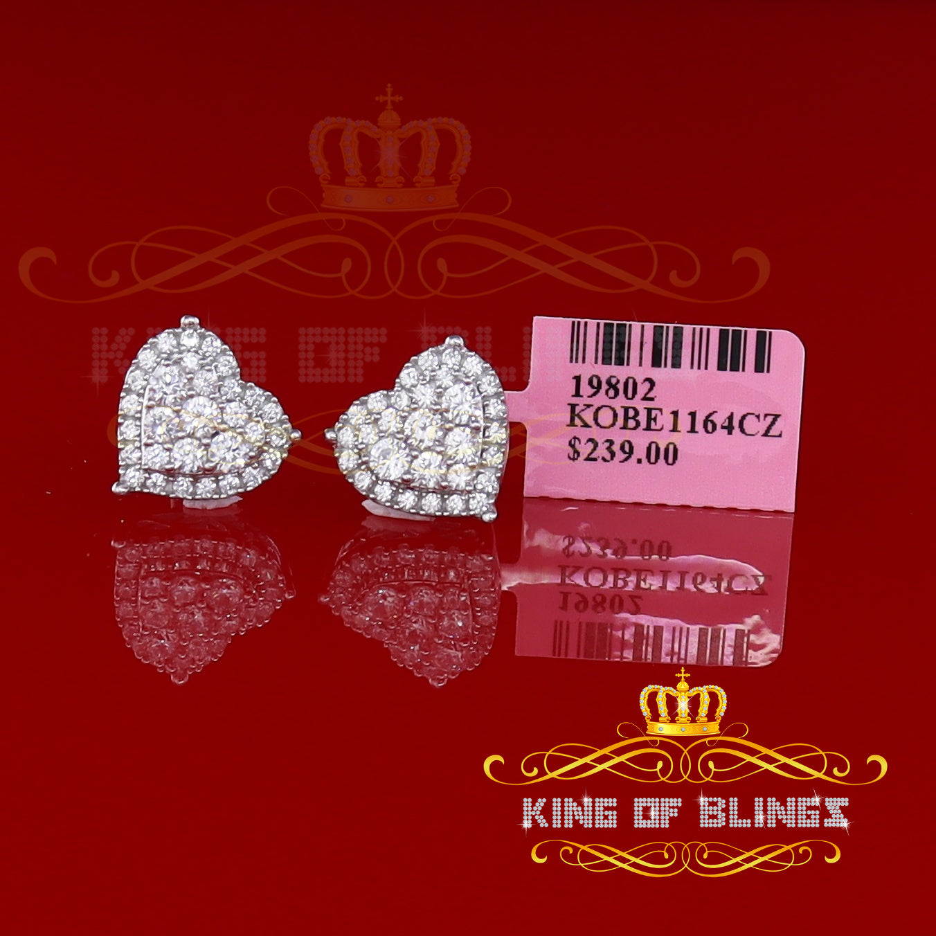 King of Blings- Aretes Para Hombre 925 White Silver 2.68ct Cubic Zirconia Heart Women's Earring KING OF BLINGS