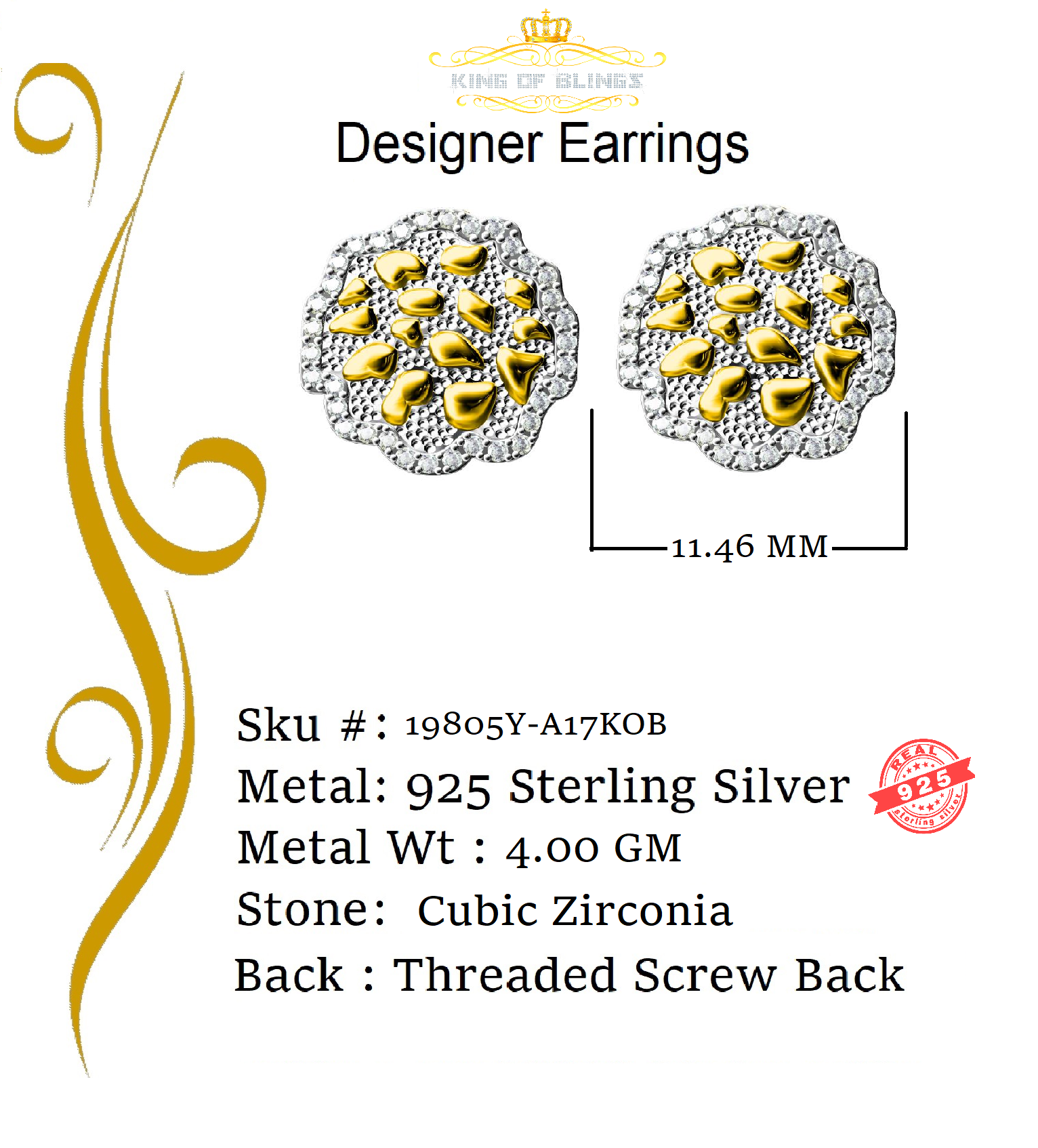 King of Bling's 925 Yellow Silver Nuggtte's 1.38ct Cubic Zirconia Hip Hop Flower Women Earrings KING OF BLINGS