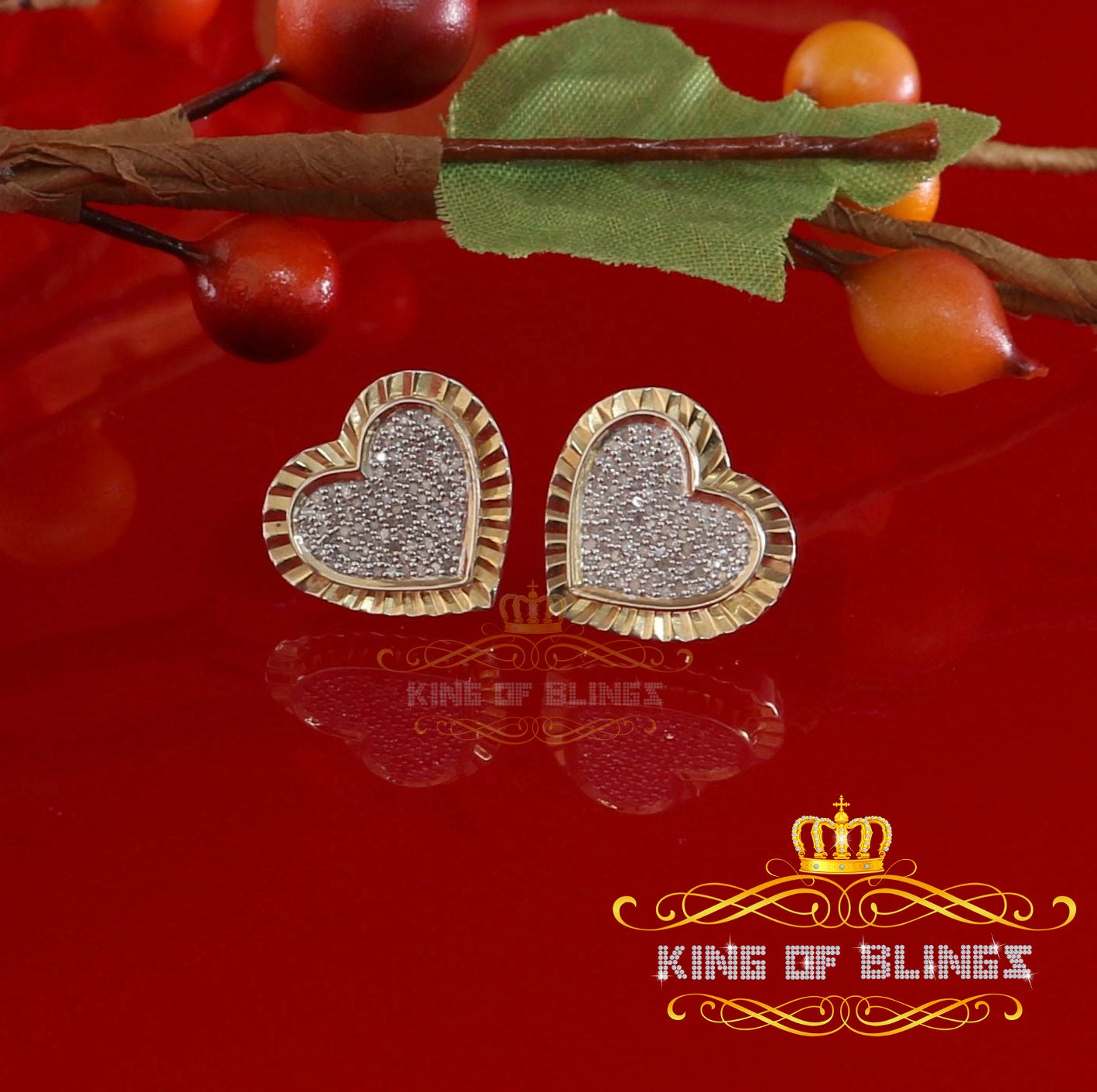 King of Blings-925 Yellow Silver 0.50ct Genuine Diamond Women's /Men's Heart Style Earrings KING OF BLINGS