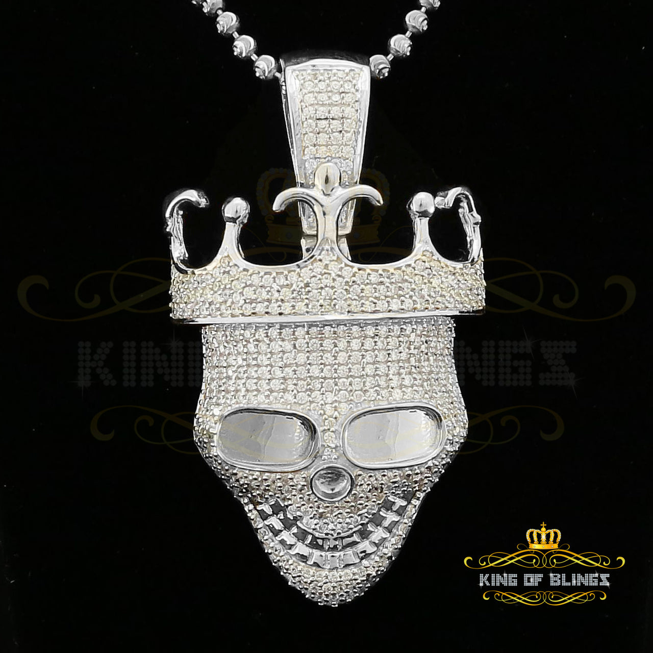 Sterling 925 Silver Skull Hat Shape White Necklace Pendant 3.34ct Cubic Zirconia KING OF BLINGS