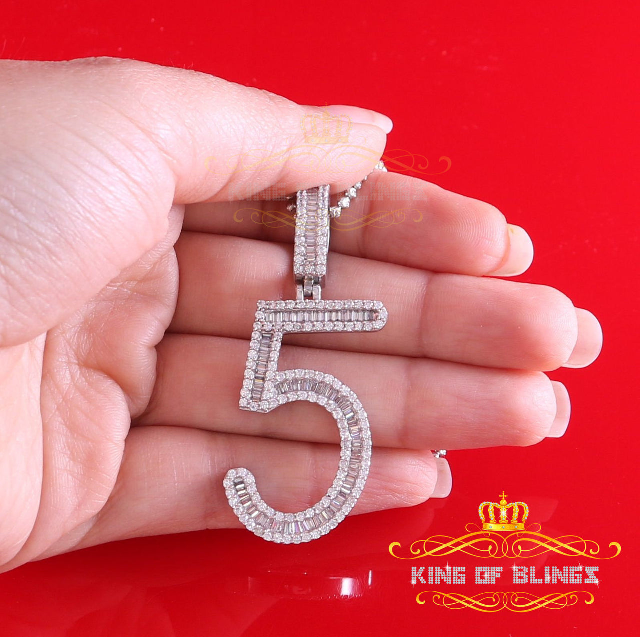 White Sterling Silver Baguette  Number '5' Pendant 4.78ct Cubic Zirconia KING OF BLINGS