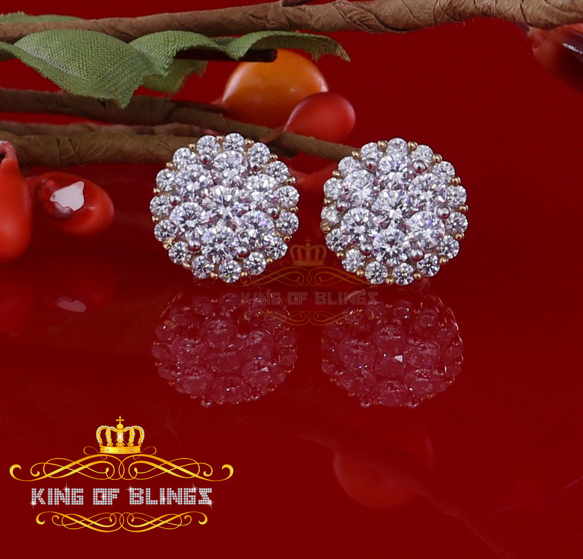 King of Bling's Aretes Para Hombre 925 Yellow Silver 2.53ct Cubic Zirconia Round Women's Earring KING OF BLINGS
