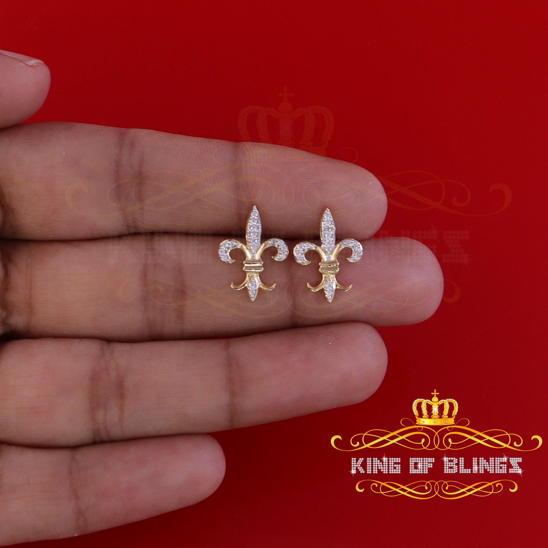 King of Bling's 925 Yellow Silver Fleur de Lis Screw Back 0.25ct Cubic Zirconia Ladies Earrings KING OF BLINGS