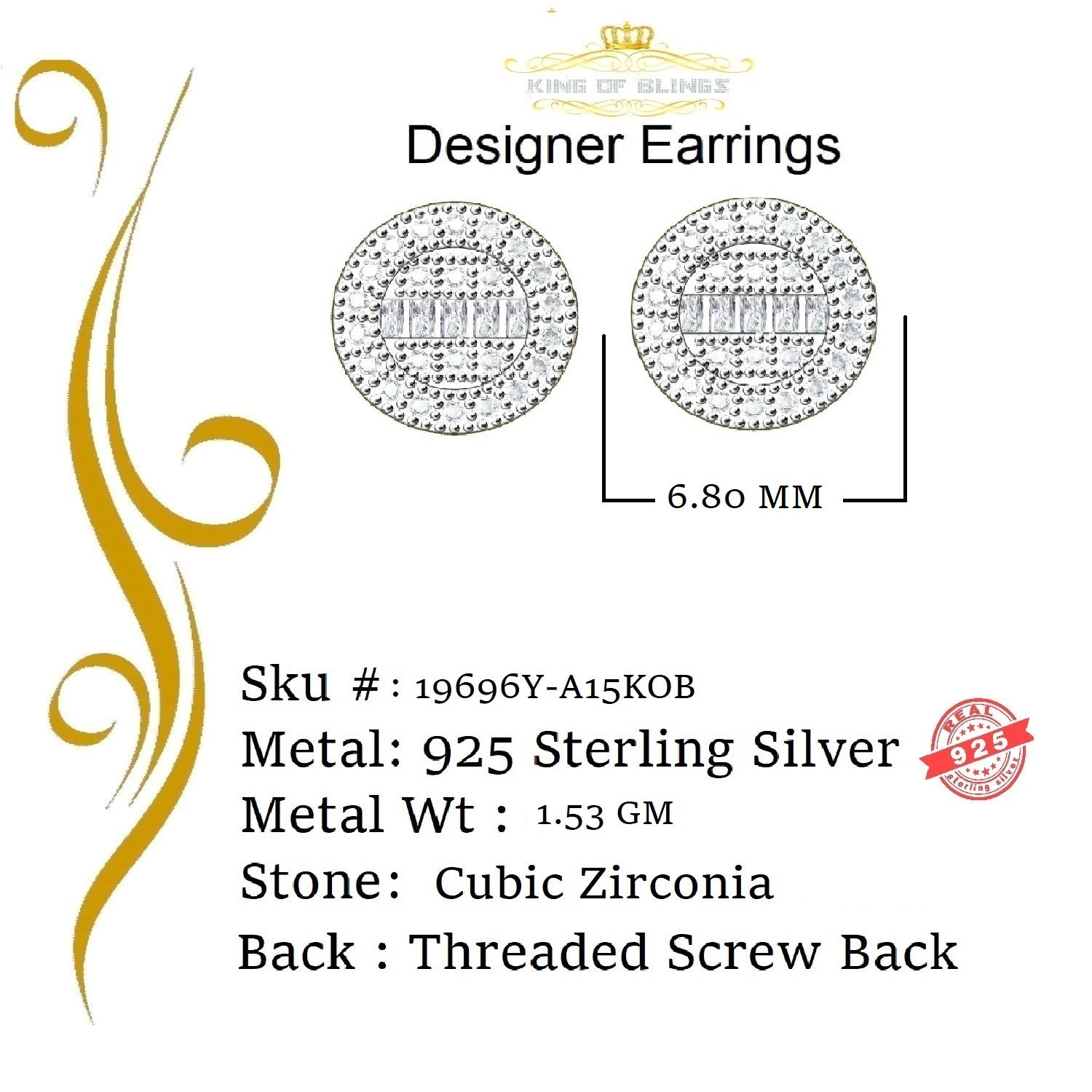 King of Bling's Aretes Para Hombre 925 Yellow Silver 0.54ct Cubic Zirconia Round Women's Earring KING OF BLINGS
