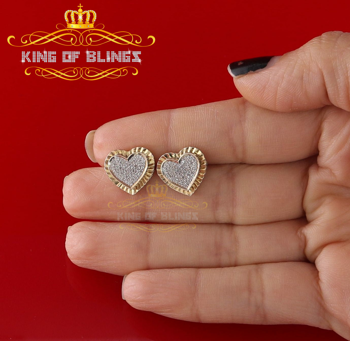 King of Blings-925 Yellow Silver 0.50ct Genuine Diamond Women's /Men's Heart Style Earrings KING OF BLINGS