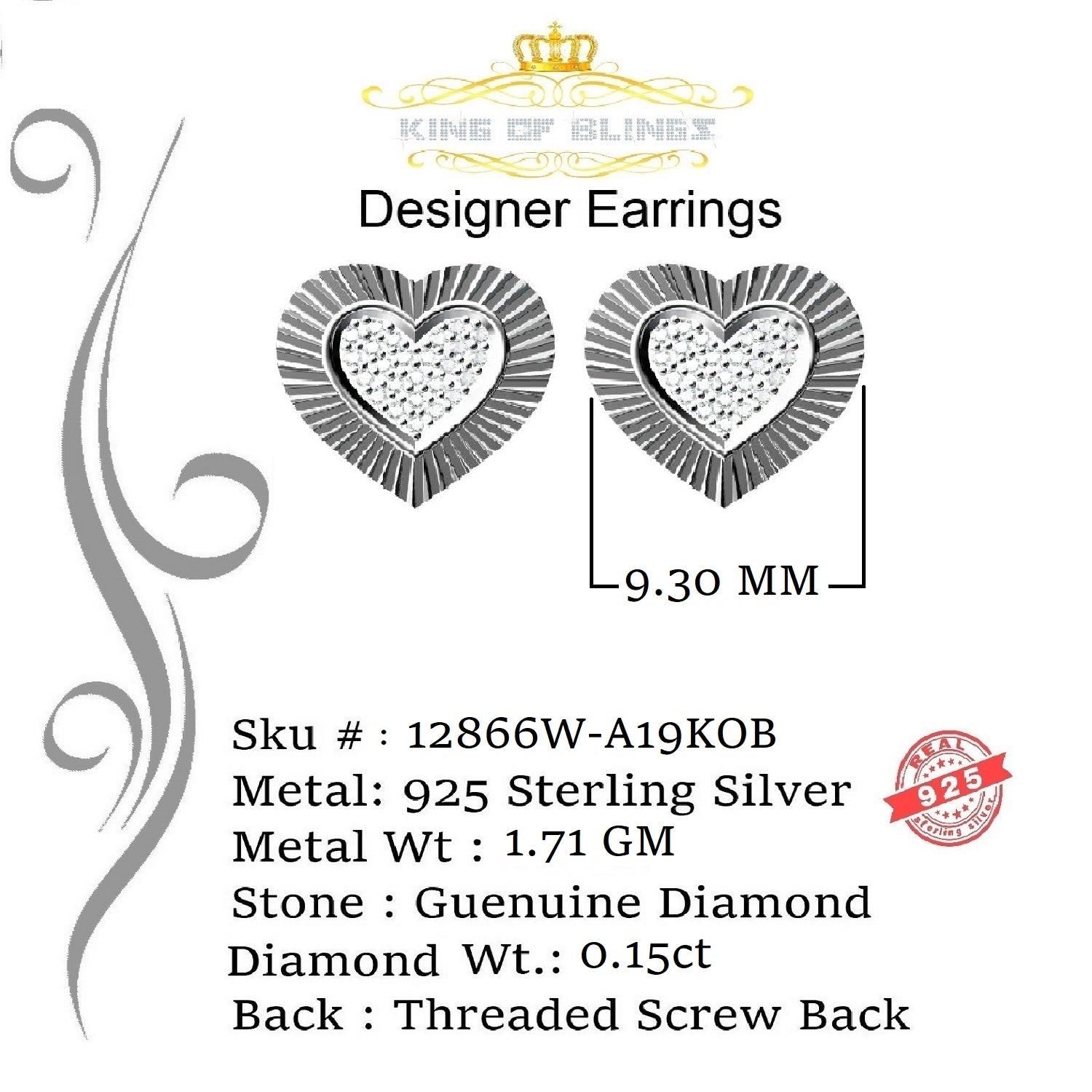 King Of Bling's Aretes Para Hombre Heart 925 White Silver 0.15ct Diamond Women's Stud Earring KING OF BLINGS