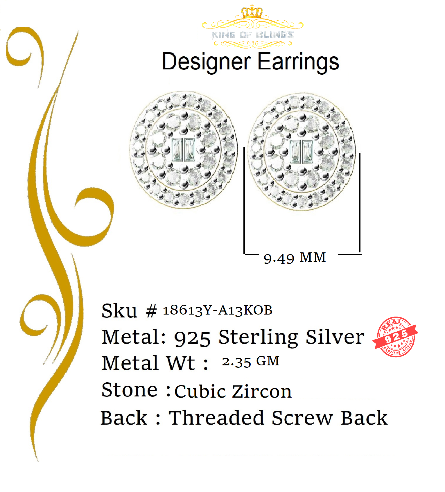 King of Bling's Aretes Para Hombre 925 Yellow Silver 1.86ct Cubic Zirconia Round Women's Earring KING OF BLINGS