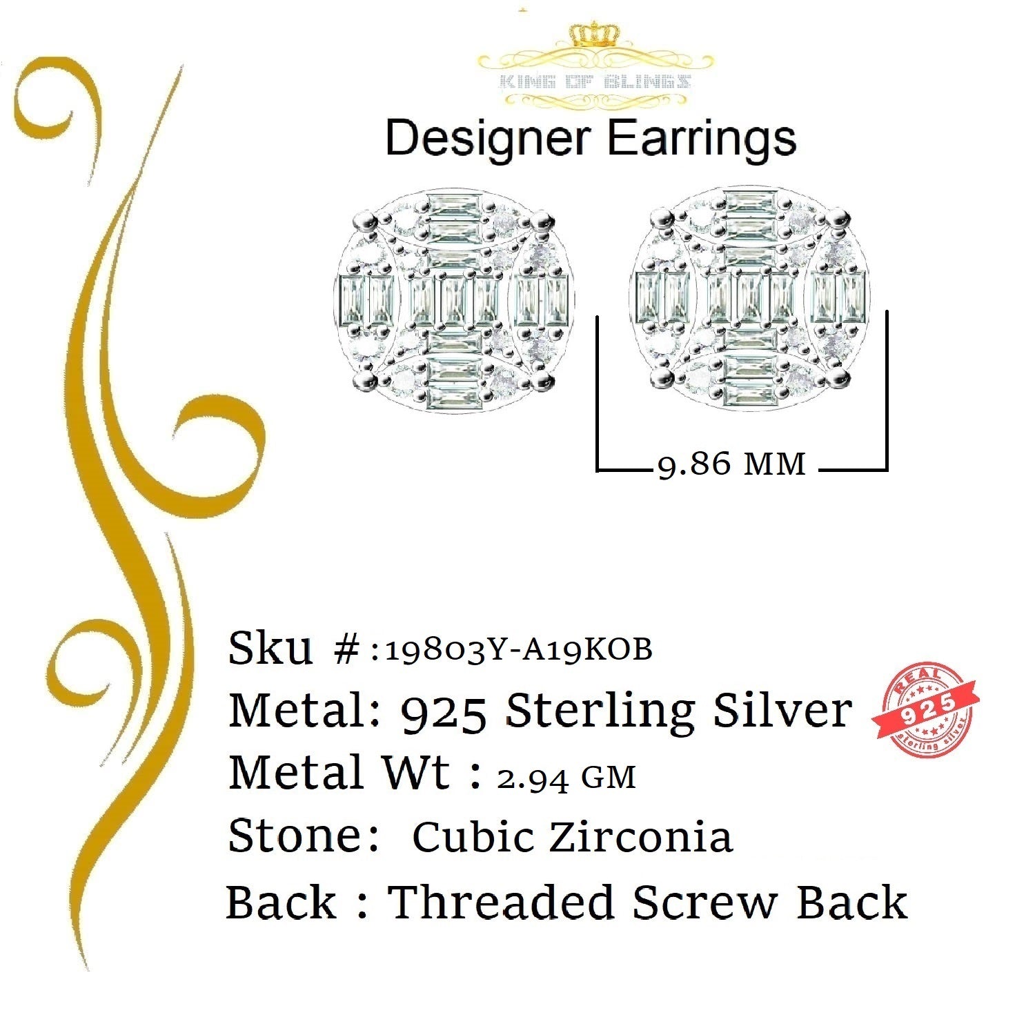 King of Bling's 925 Silver Real 1.02ct Cubic Zirconia Round Yellow Earrings For Men's & Women's KING OF BLINGS