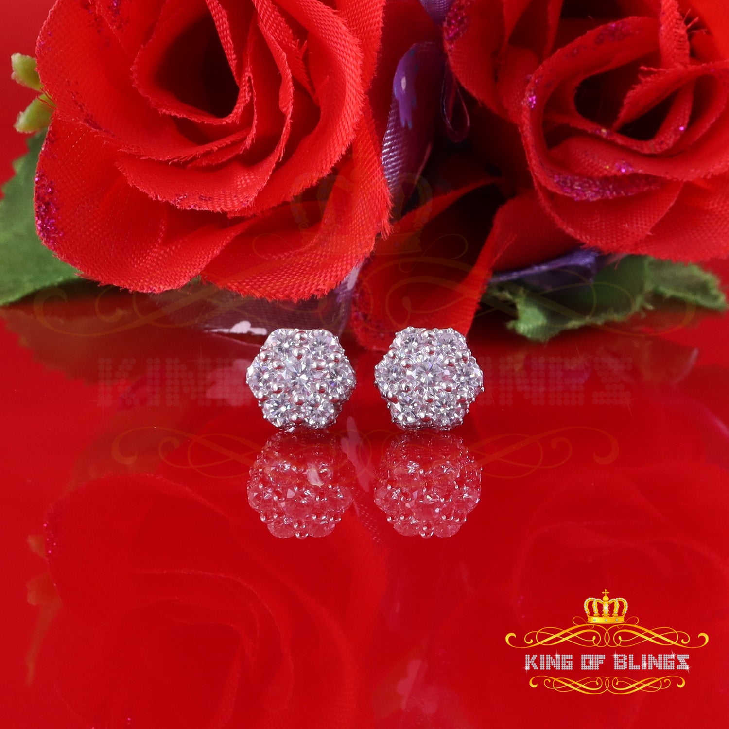 King of Blings- 2.00ct Cubic Zirconia 925 White Silver Sterling Hip Hop Floral Women's Earrings KING OF BLINGS
