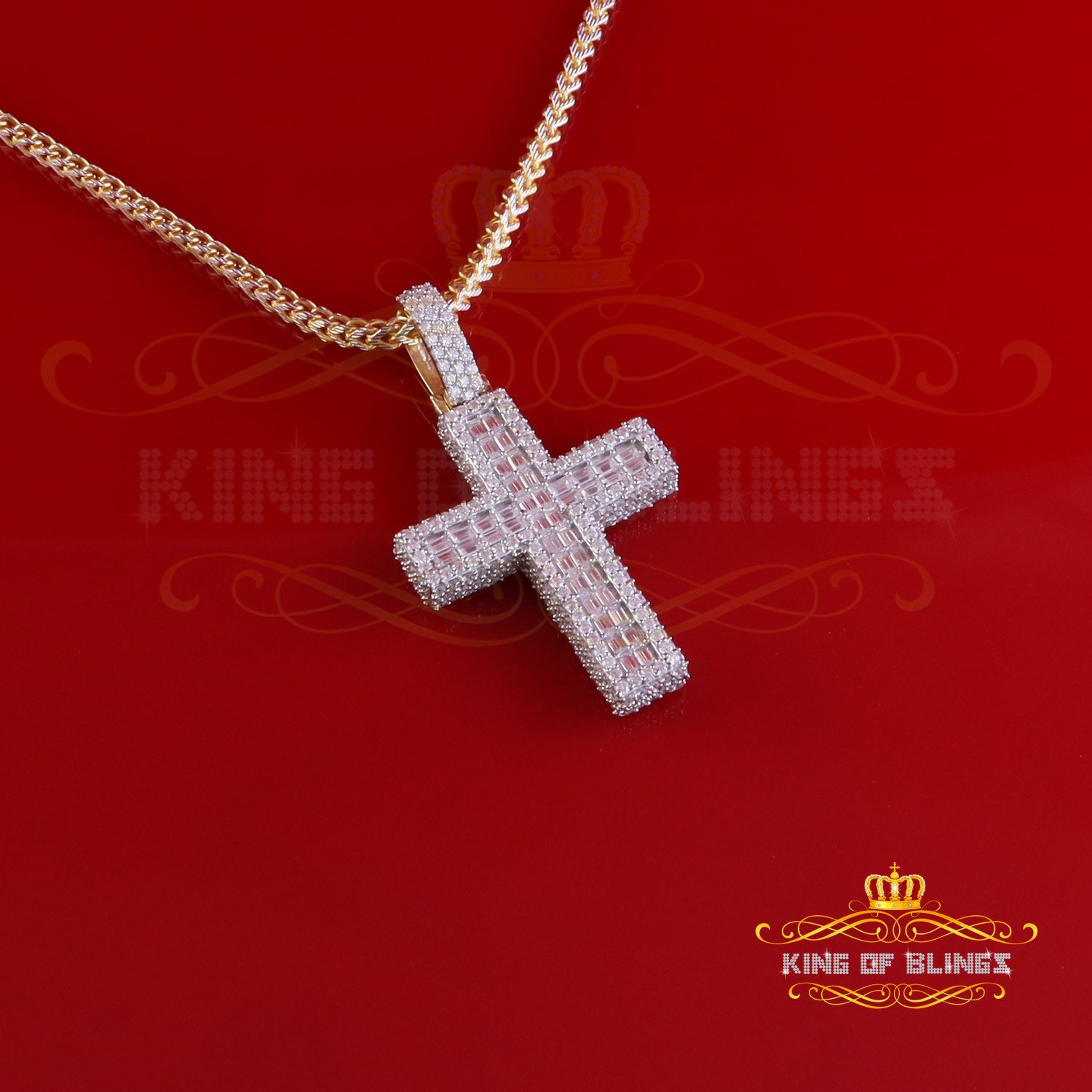 King Of Bling's 925 Sterling Yellow Silver 7.50ct VVS D Clr.Moissanite Cross Pendant Men/ Women. KING OF BLINGS