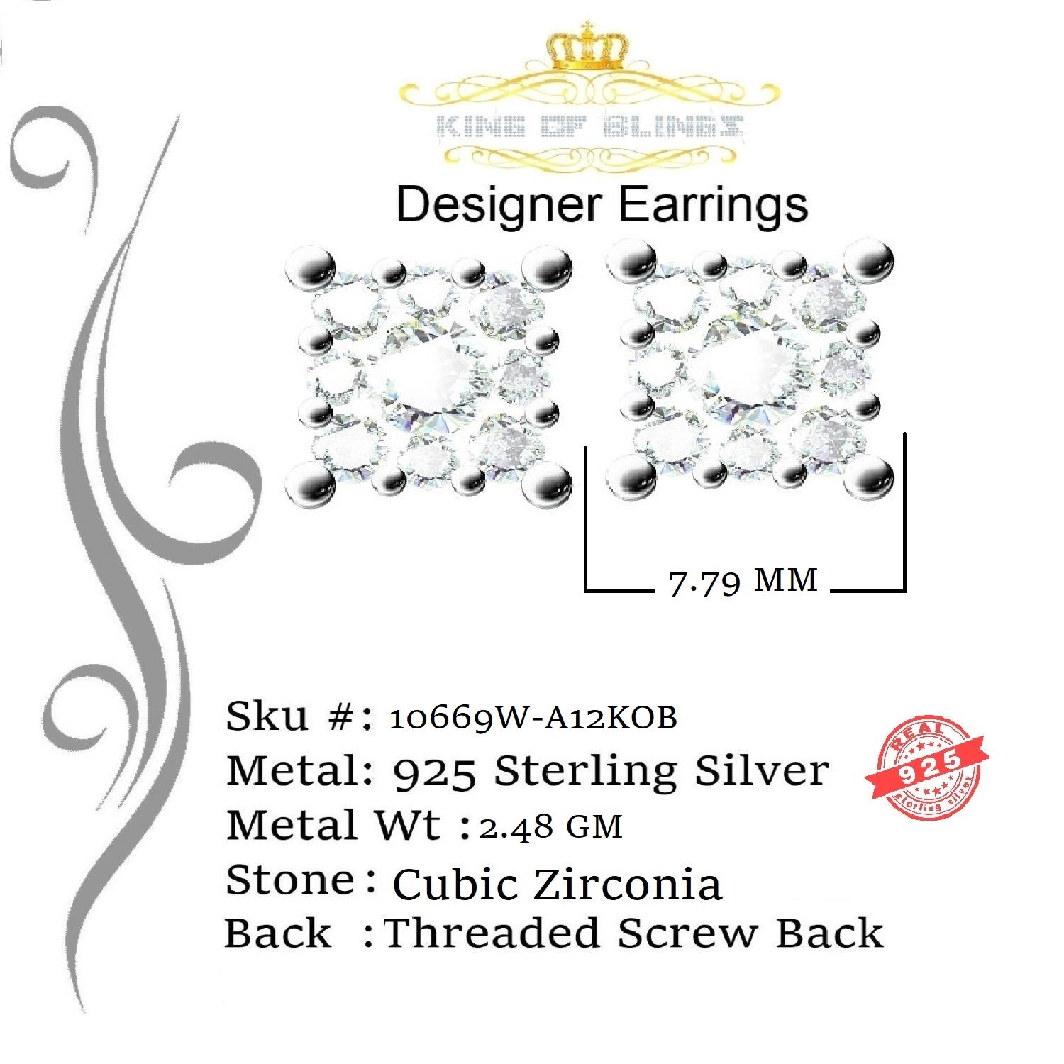 King of Blings- Hip Hop 925 White Silver 1.68ct Cubic Zirconia Women's / Men's Square Earrings KING OF BLINGS