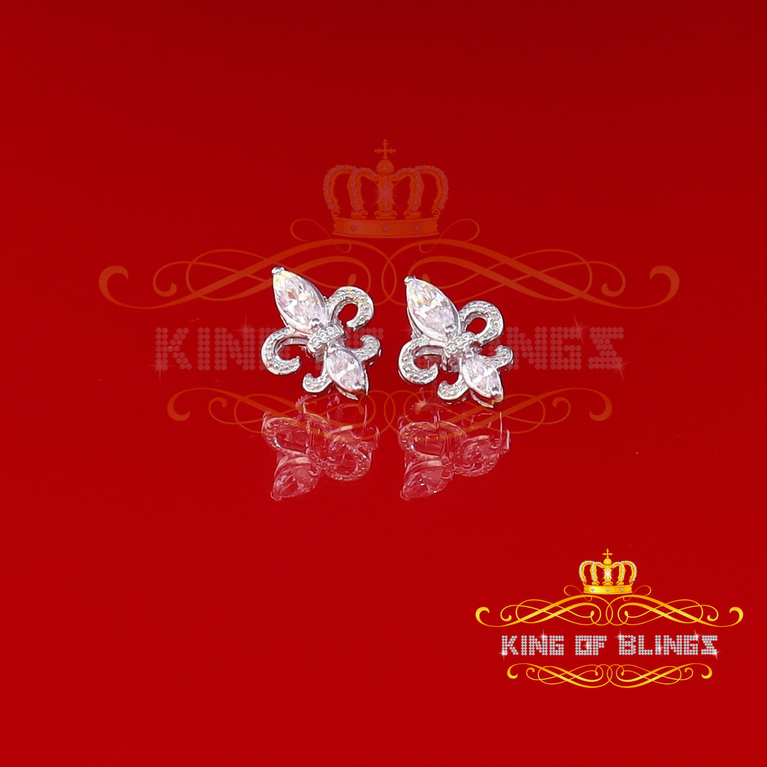 King of Blings- 925 White Silver Ladies Fleur de Lis Screw Back 2.43ct Cubic Zirconia Earrings KING OF BLINGS