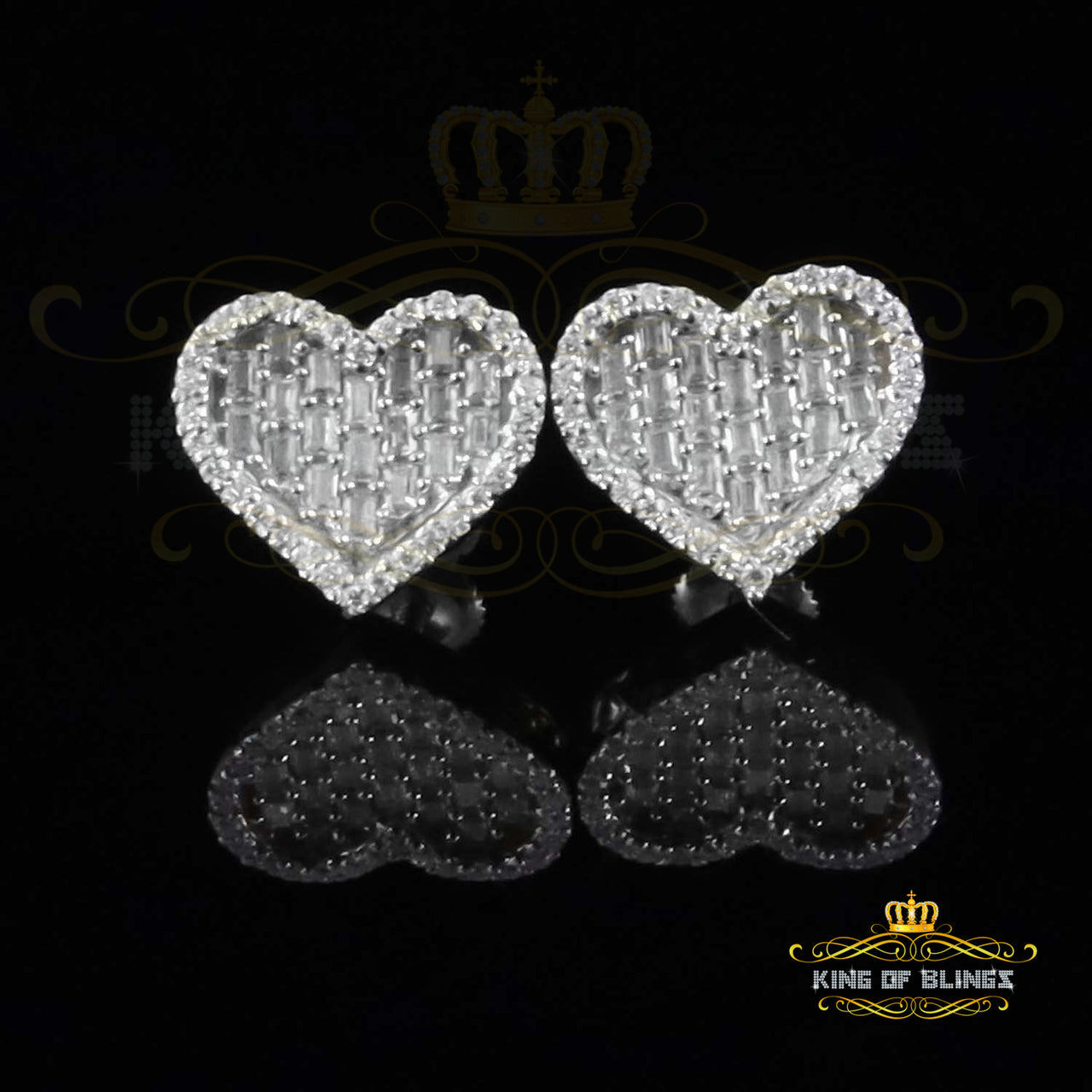 King of Bling's White Silver 1.00ct VVS 'D' Moissanite Baguette Heart Earring Men's/Womens KING OF BLINGS