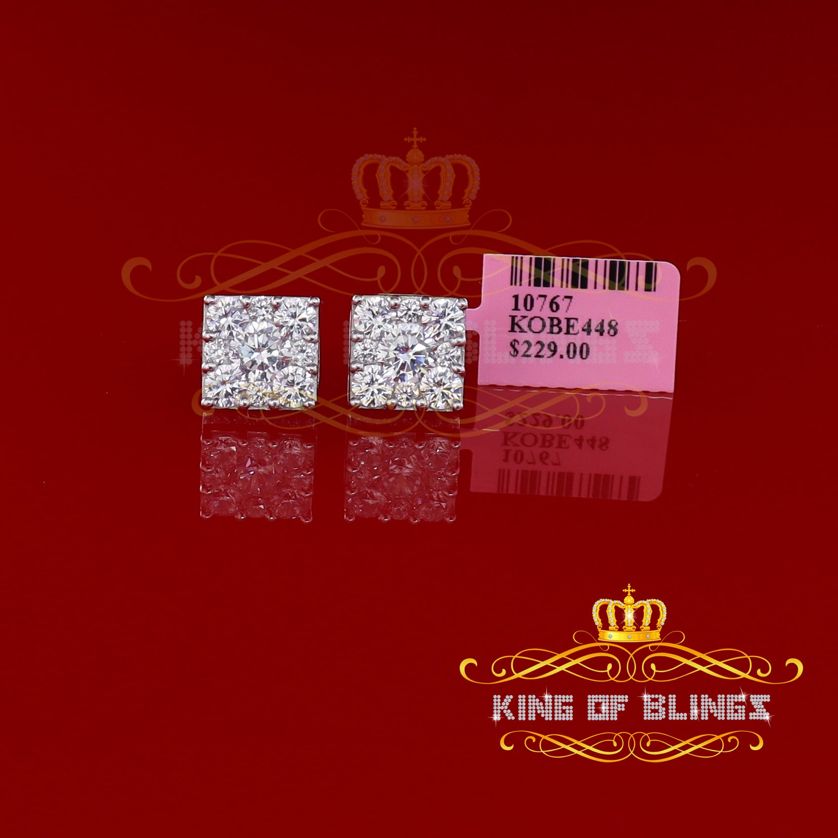 King of Blings- White 2.28ct Cubic Zirconia 925 Sterling Silver Hip Hop Square Ladies Earrings KING OF BLINGS