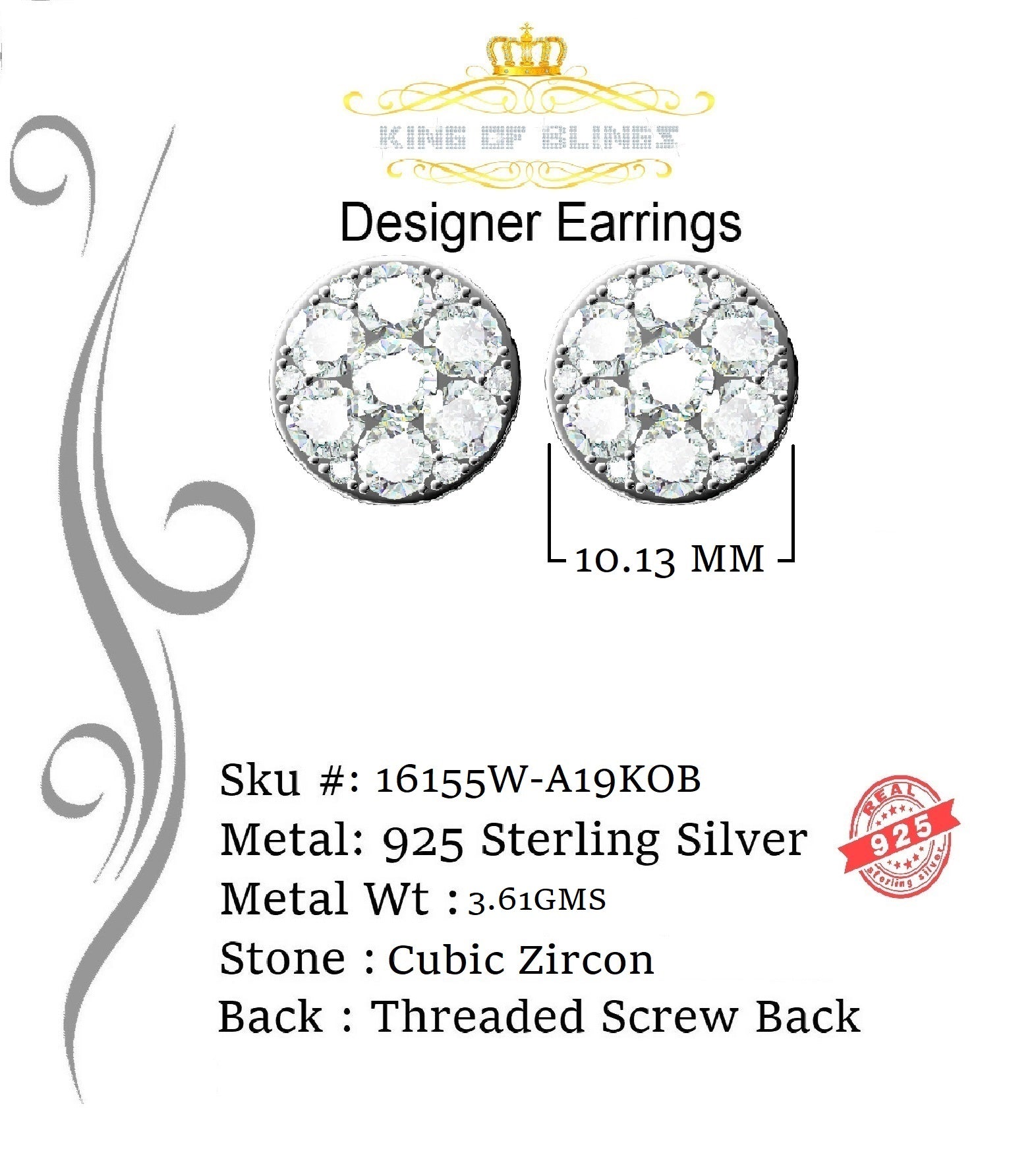 King of Blings- 3.02ct Cubic Zirconia 925 White Sterling Silver Hip Hop Round Earring for Ladies KING OF BLINGS