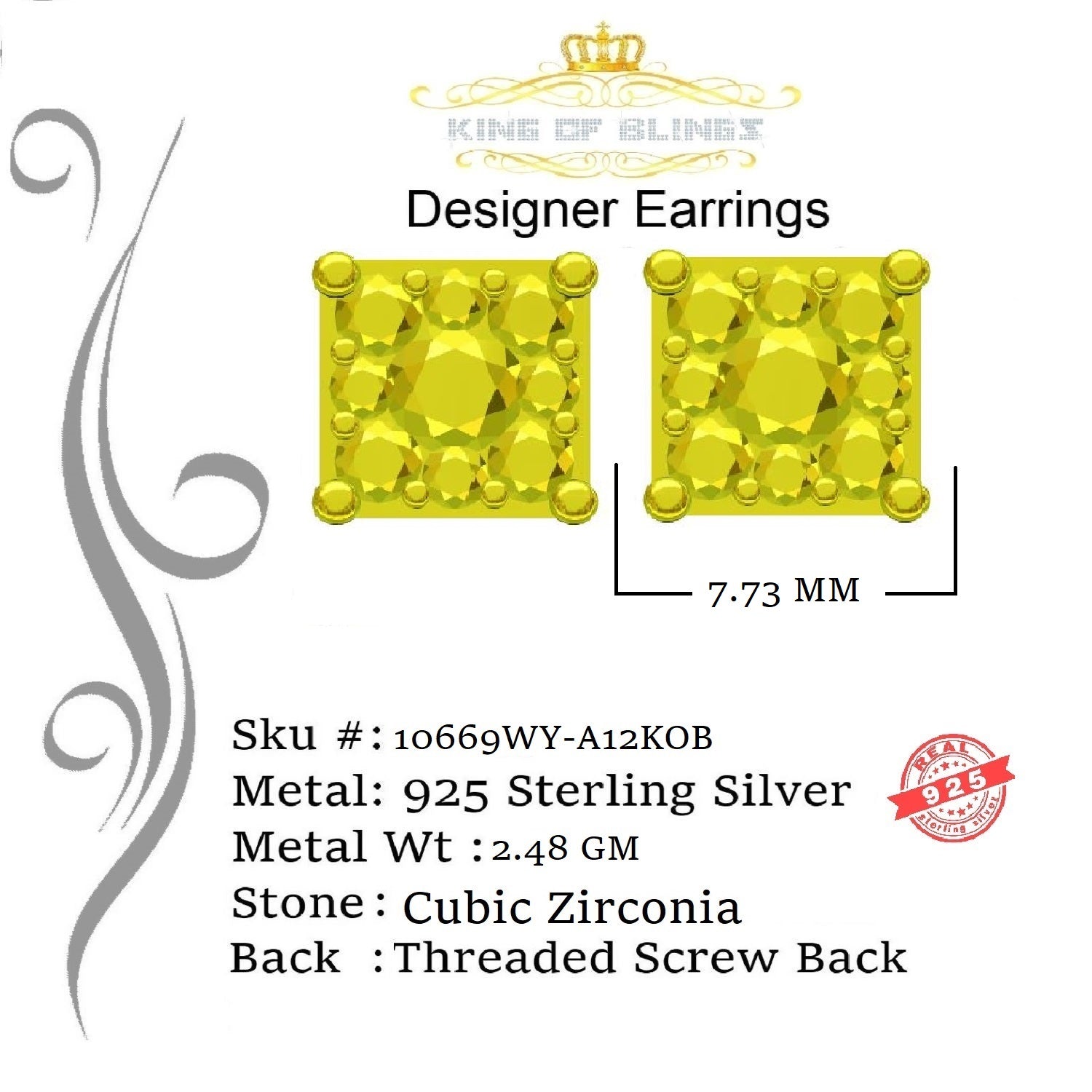 King of Blings-White Silver 1.68ct Cubic Zirconia Yellow Stone Womens/Men's Square Earrings KING OF BLINGS
