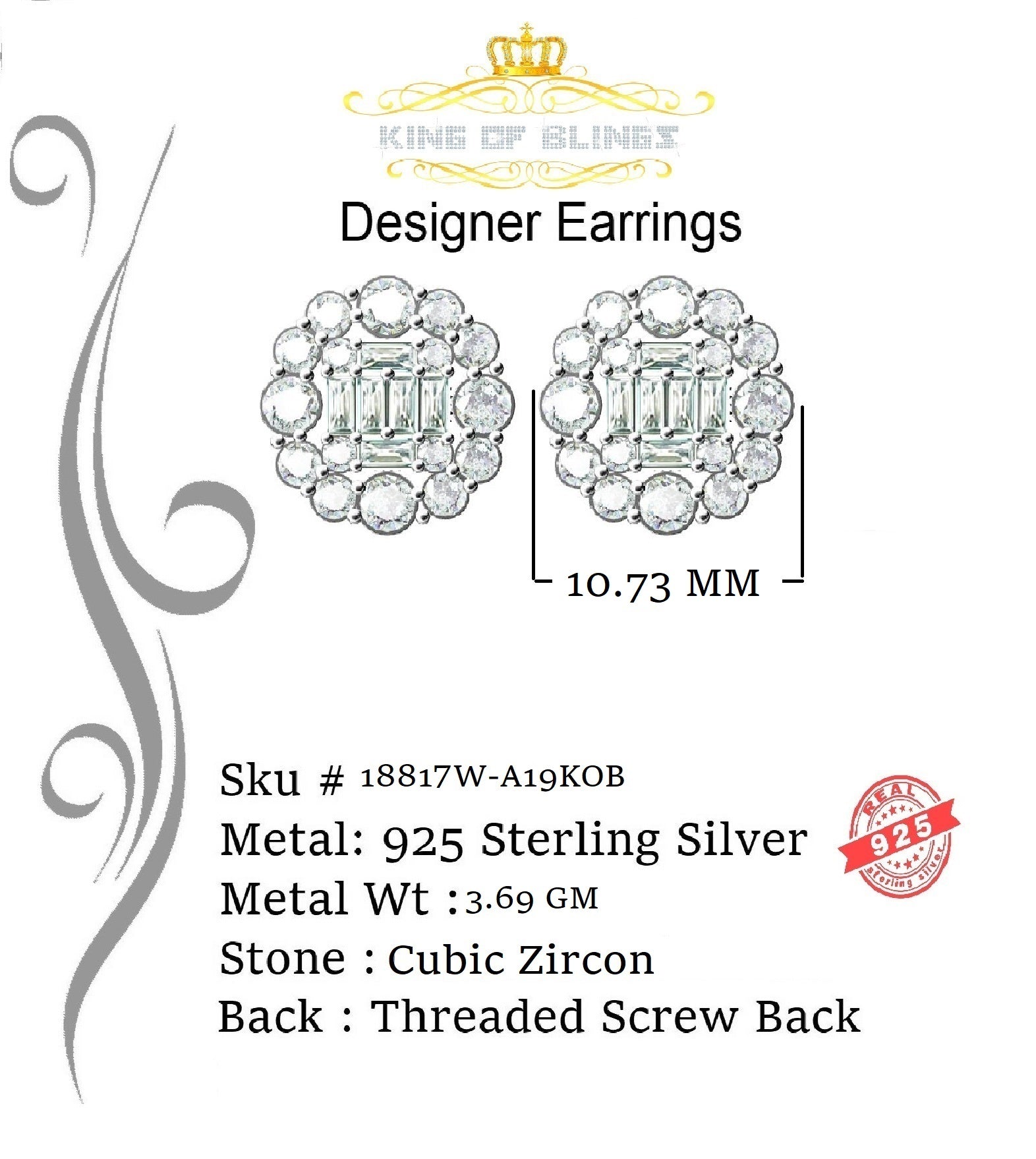 King of Blings White Silver 1.06ct Cubic Zirconia Round Floral Earrings Womens/Mens KING OF BLINGS