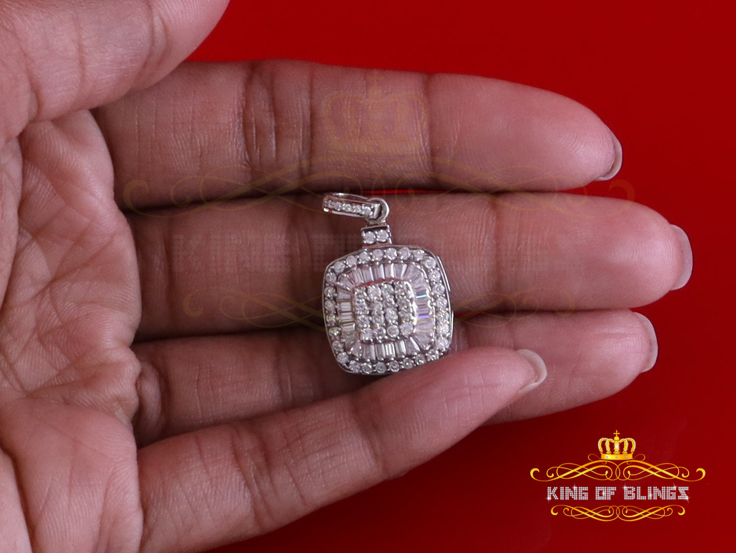 King Of Bling's 925 Sterling White Silver 1.50ct Moissanite Baguette & Round Pendant for Women. KING OF BLINGS