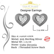 King of Blings- Aretes Para Hombre 925 White Silver 1.28ct Cubic Zirconia Heart Women's Earring KING OF BLINGS