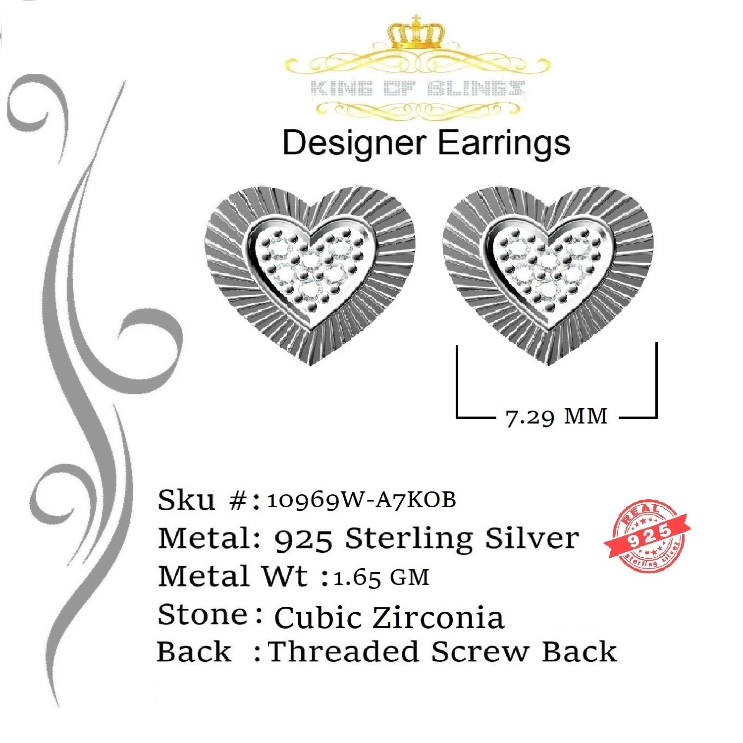 King of Blings- Aretes Para Hombre 925 White Silver 1.28ct Cubic Zirconia Heart Women's Earring KING OF BLINGS