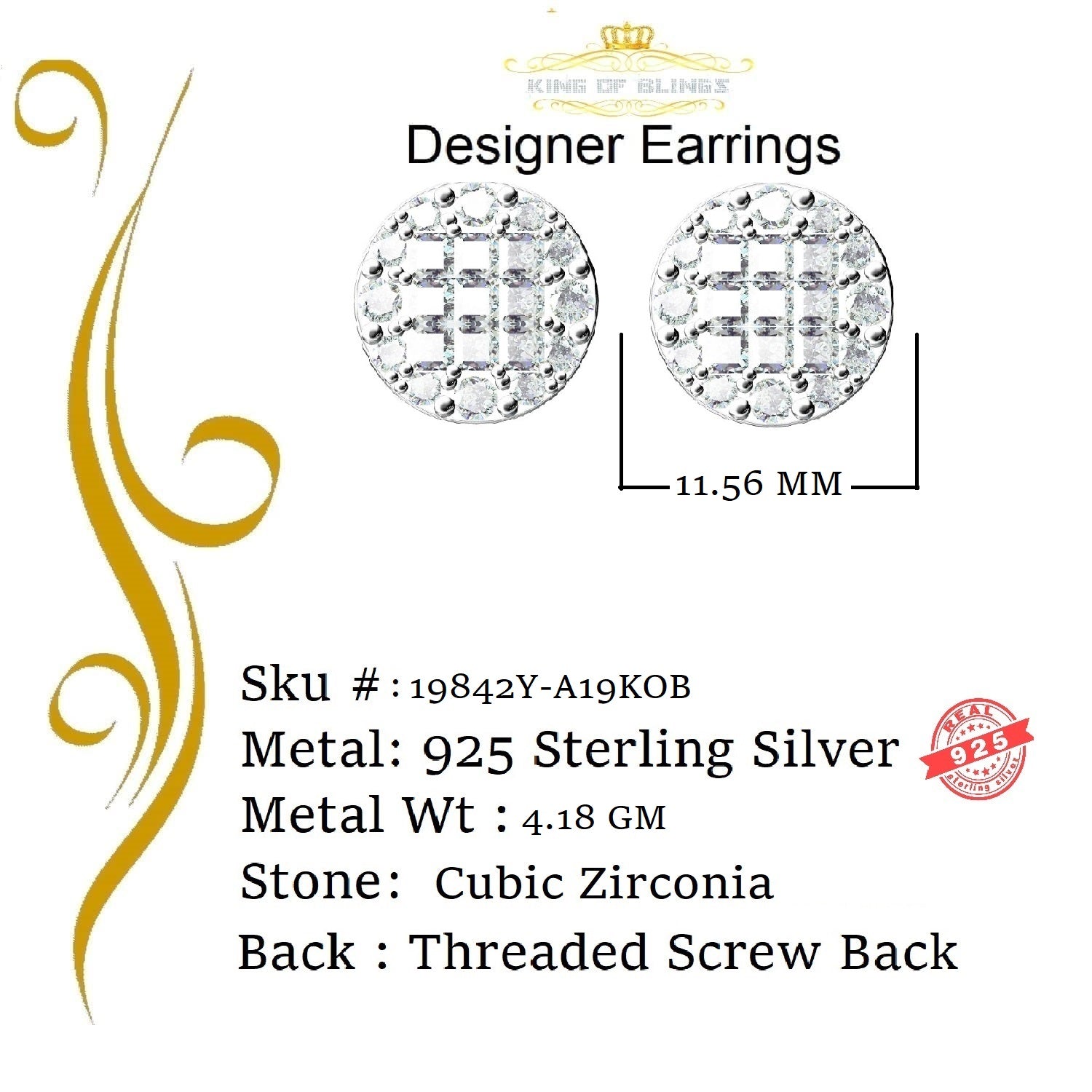 King of Bling's 3.46ct Cubic Zirconia 925 Yellow Sterling Silver Women's Hip Hop Round Earrings KING OF BLINGS