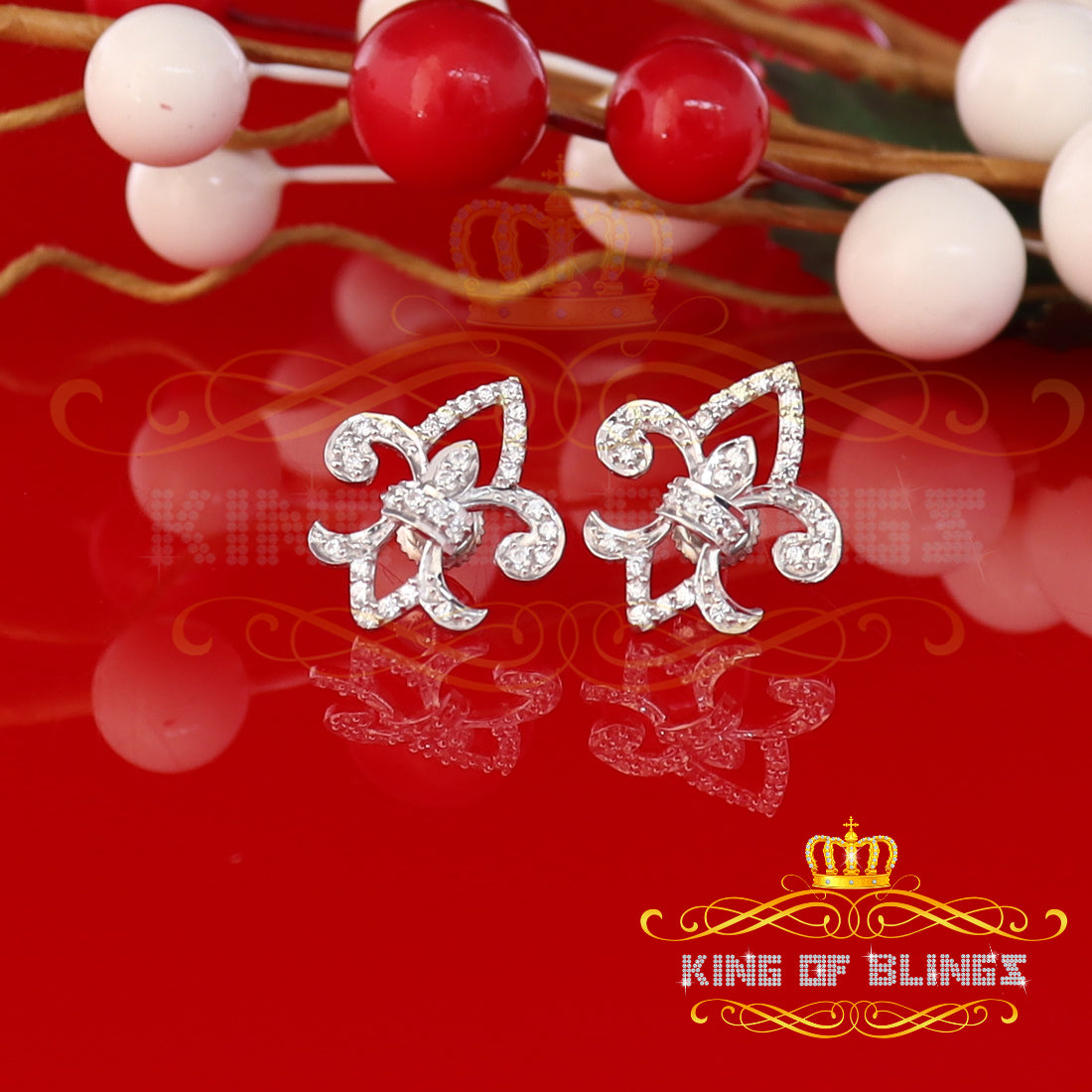 King of Blings- 925 White Silver 0.60ct Cubic Zirconia Fleur de Lis Screw Back Women's Earrings KING OF BLINGS