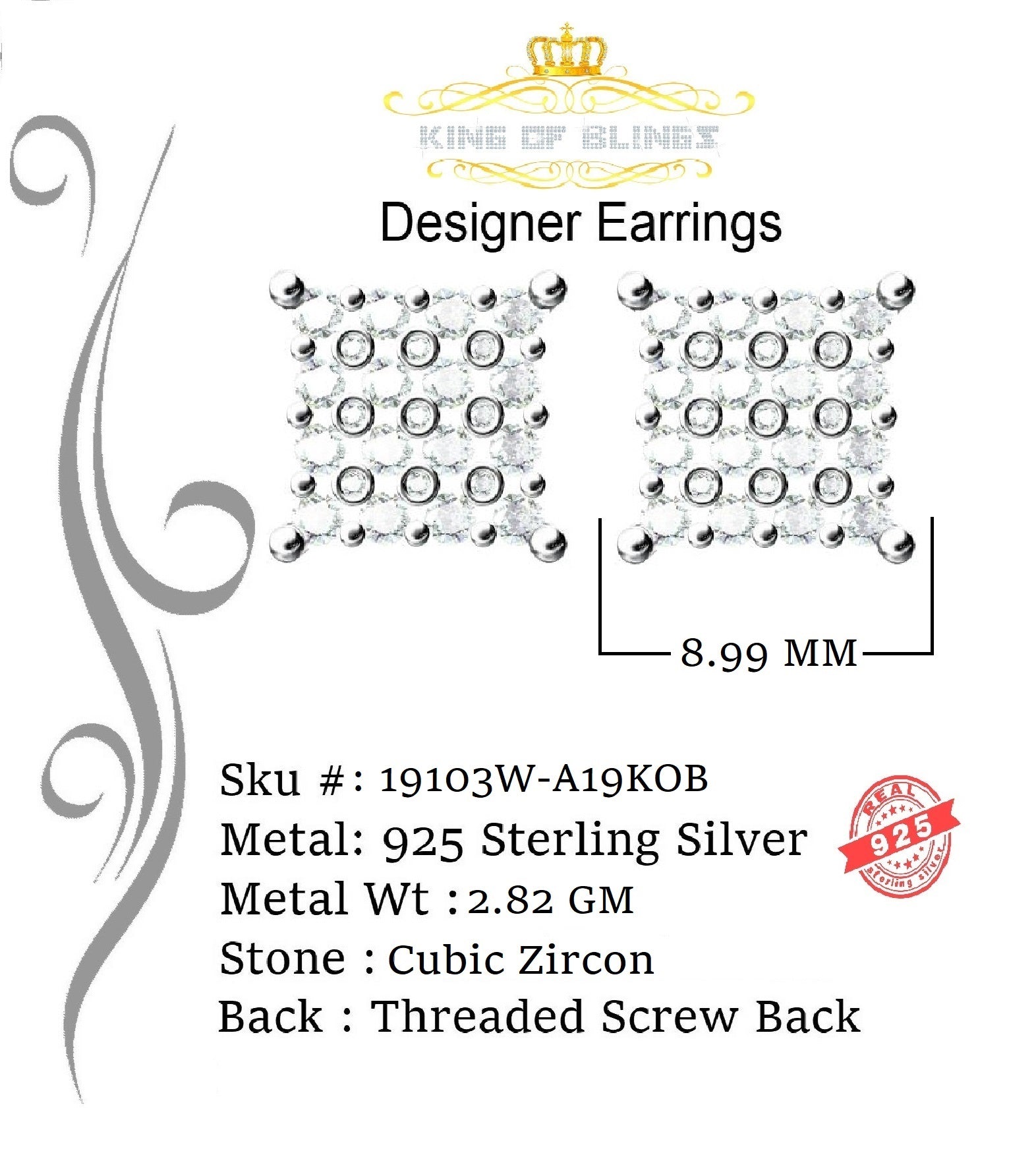 King of Blings- White 925 Sterling Silver 2.06ct Cubic Zirconia Ladies Hip Hop Square Earrings KING OF BLINGS