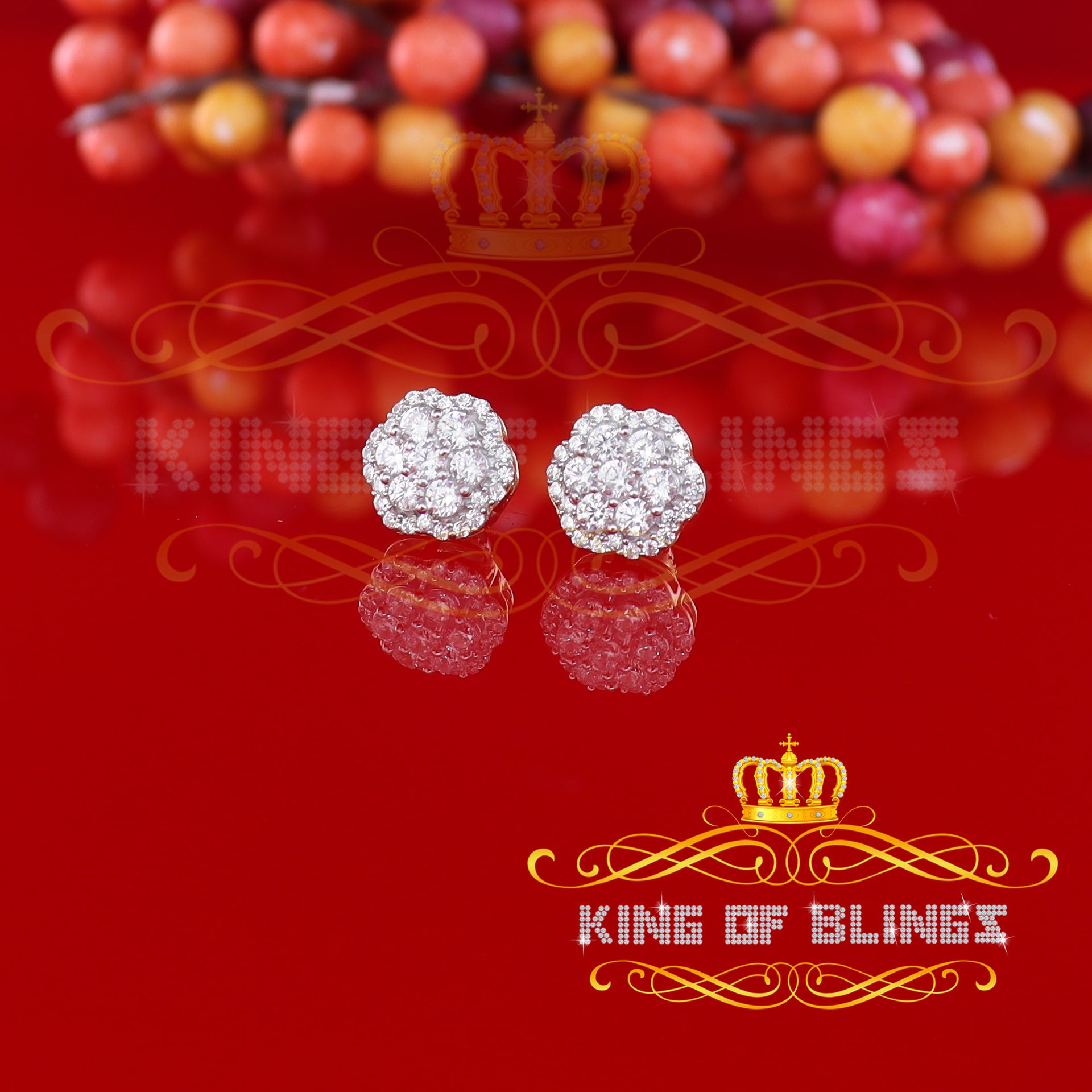 King of Bling's 925 Yellow Silver 1.74ct Cubic Zirconia Flower Earrings For Ladies / Gent's KING OF BLINGS