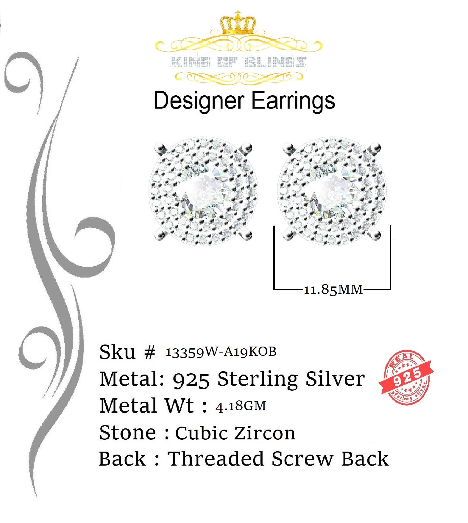 King of Blings- 925 White Sterling Silver 1.07ct Cubic Zirconia Women's Hip Hop Rounds Earrings KING OF BLINGS