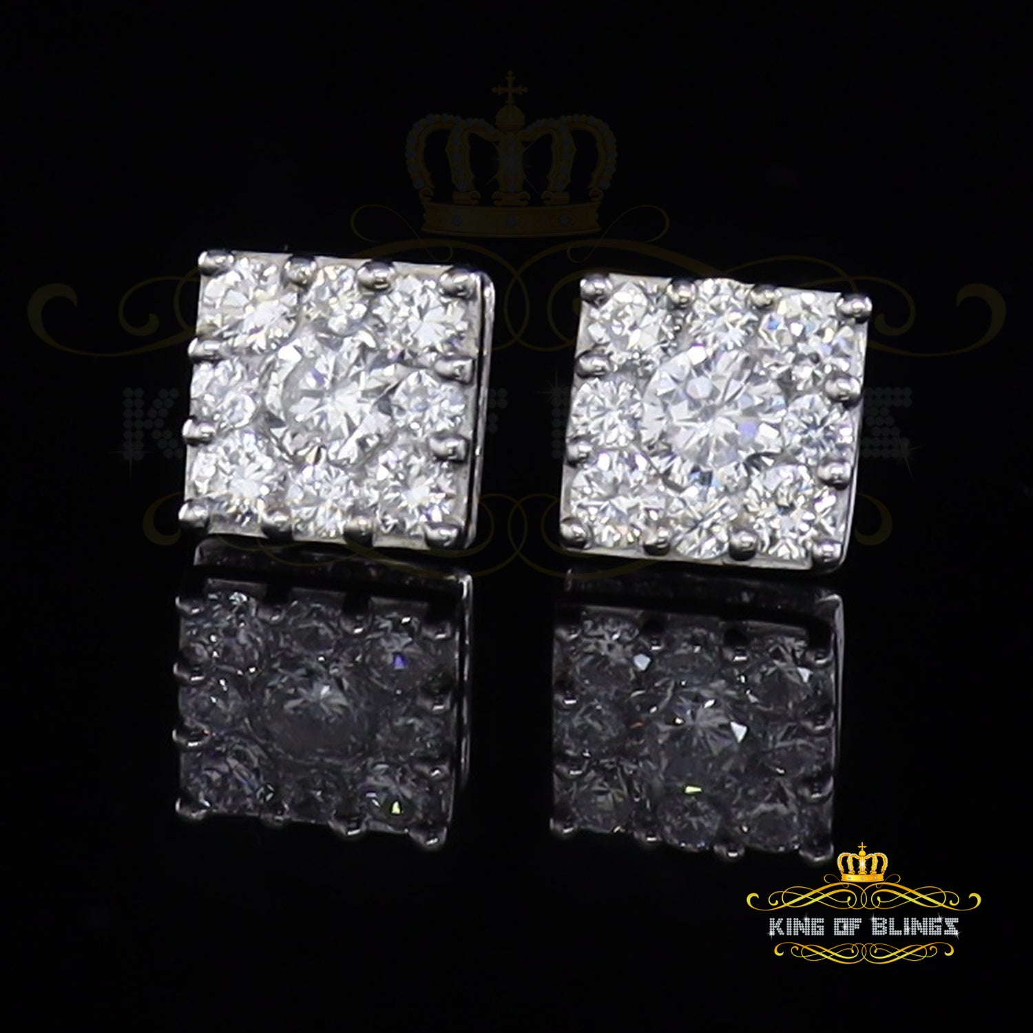King of Blings- 925 White 1.46ct Sterling Silver Cubic Zirconia Women's & Men's Square Earrings KING OF BLINGS