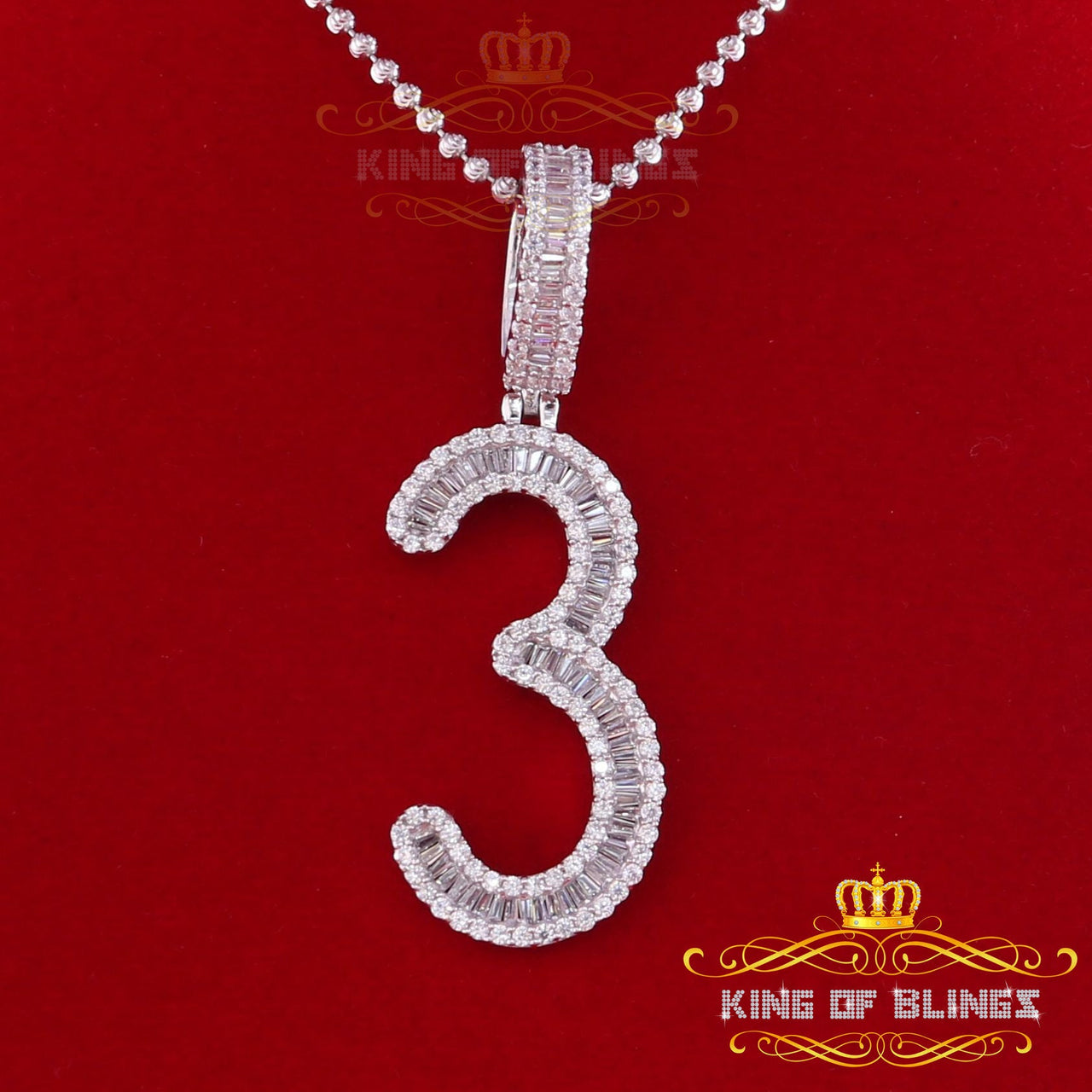 White 925 Sterling Silver Baguette Numeric '3'Pendant 4.65ct Cubic Zirconia KING OF BLINGS
