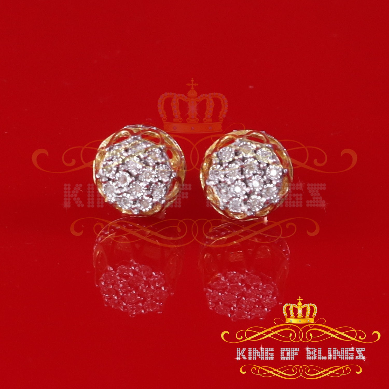 King of Blings-0.07ct Diamond 925 Sterling Yellow Silver For Men's & Womens Stud Round Earring KING OF BLINGS