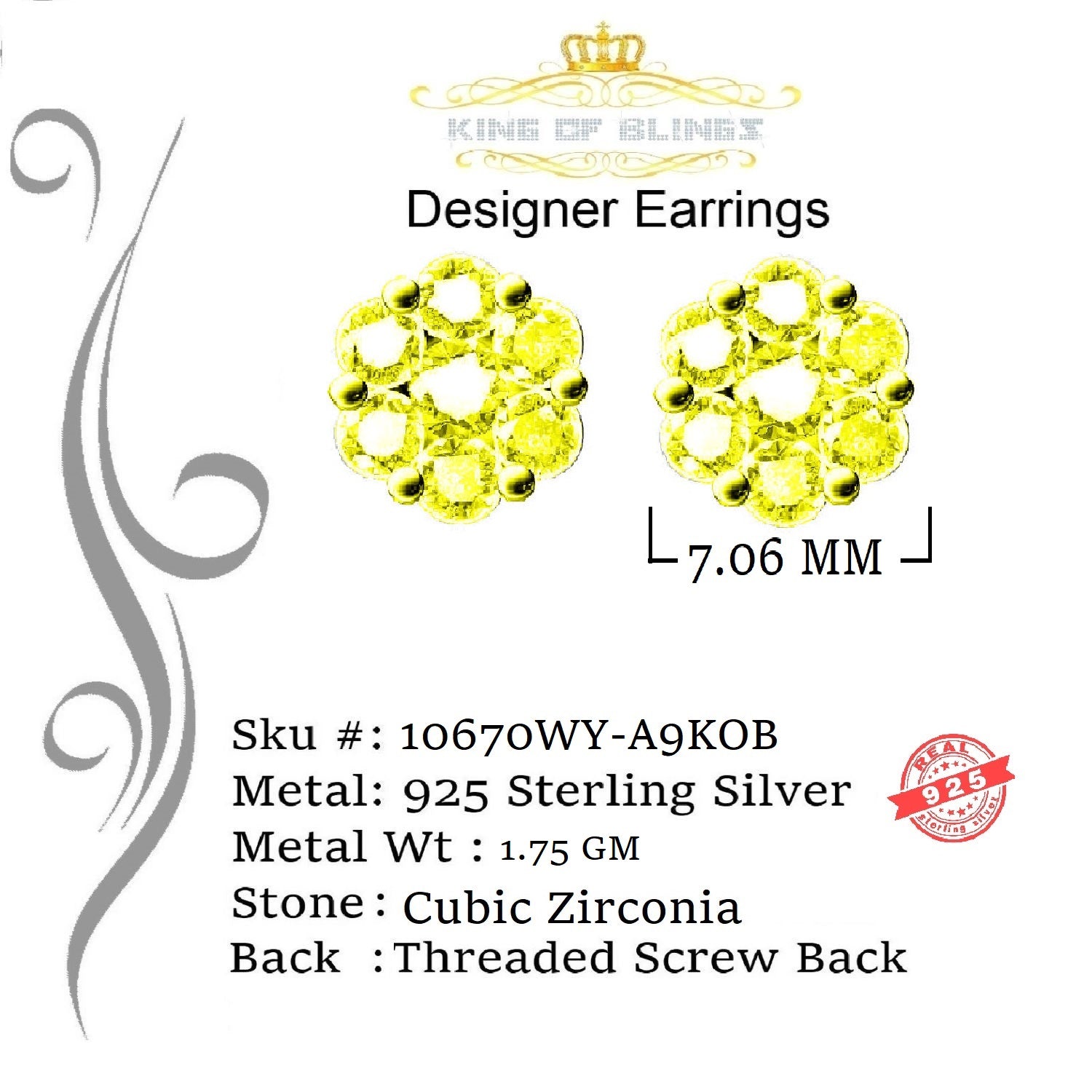 King of Blings- 925 White Silver Sterling 2.06ct Cubic Zirconia Hip Hop Flower Women's Earrings KING OF BLINGS