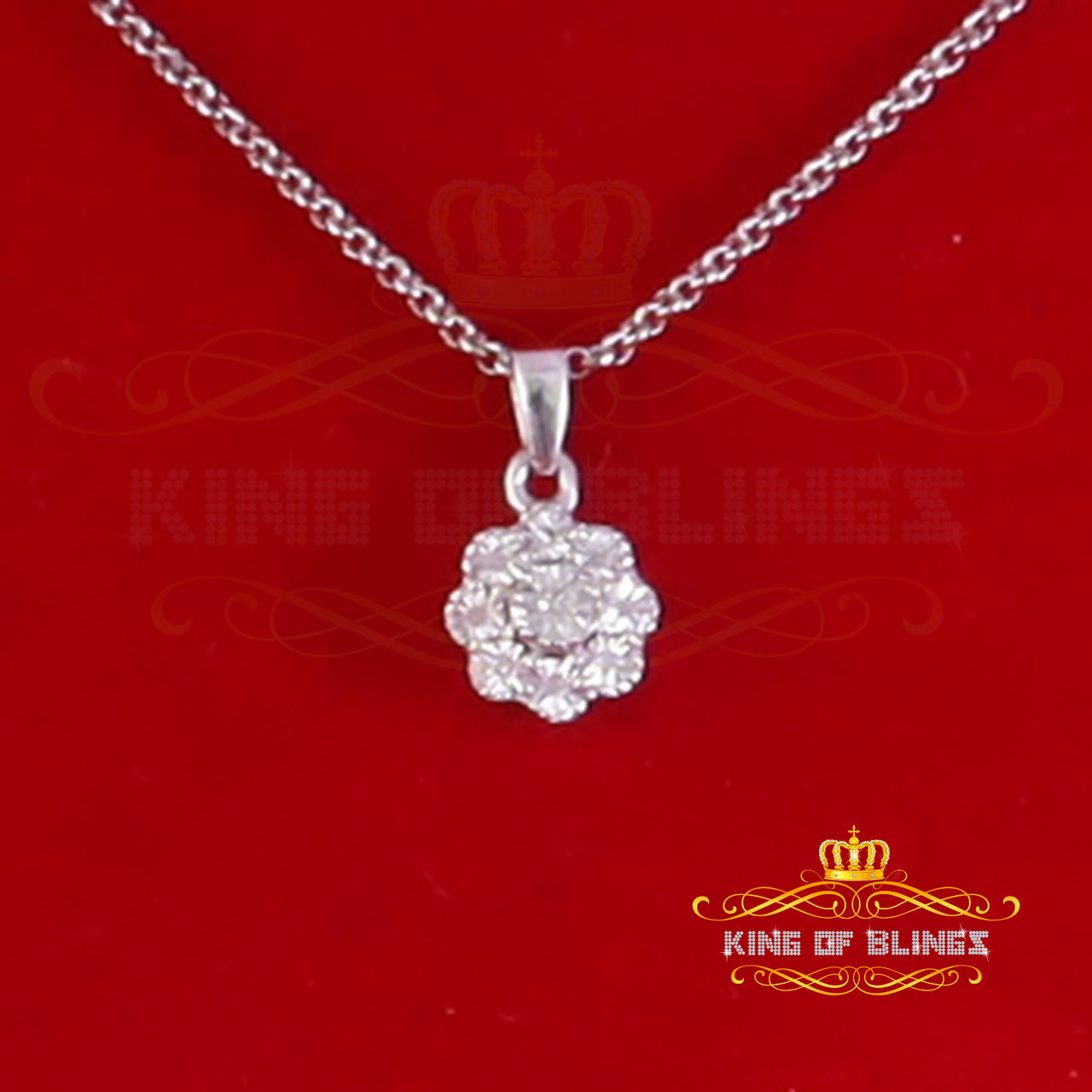 King Of Bling's 925 Sterling Silver 0.10ct Real Diamond For Women Cluster White Necklace Pendant