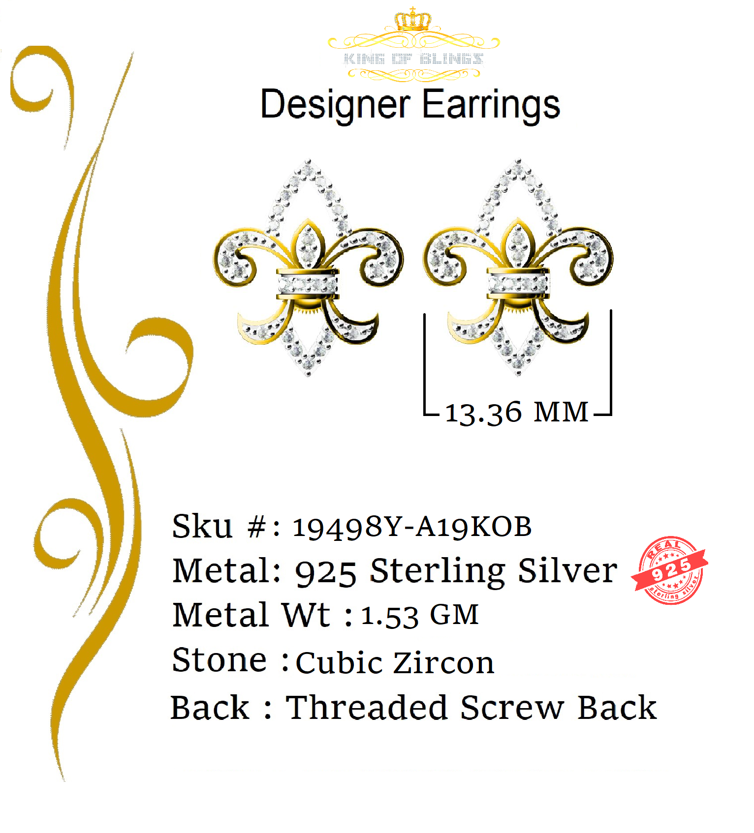 King of Bling's 925 Yellow Silver 0.60ct Cubic Zirconia Fleur de Lis Screw Back Women's Earrings KING OF BLINGS