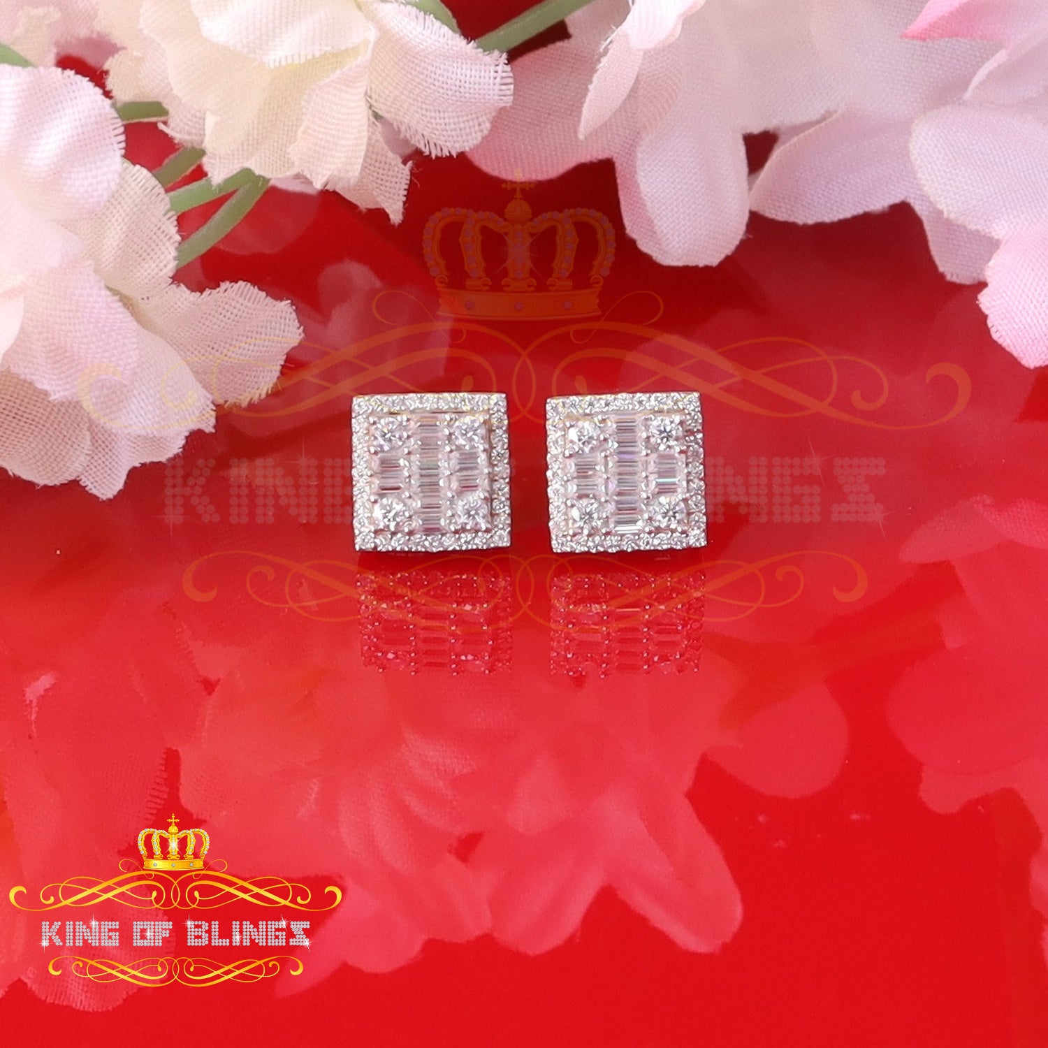King  of Bling's Men's/Women's 925 Silver Yellow 1.00ct VVS 'D' Moissanite Square Stud Earrings KING OF BLINGS