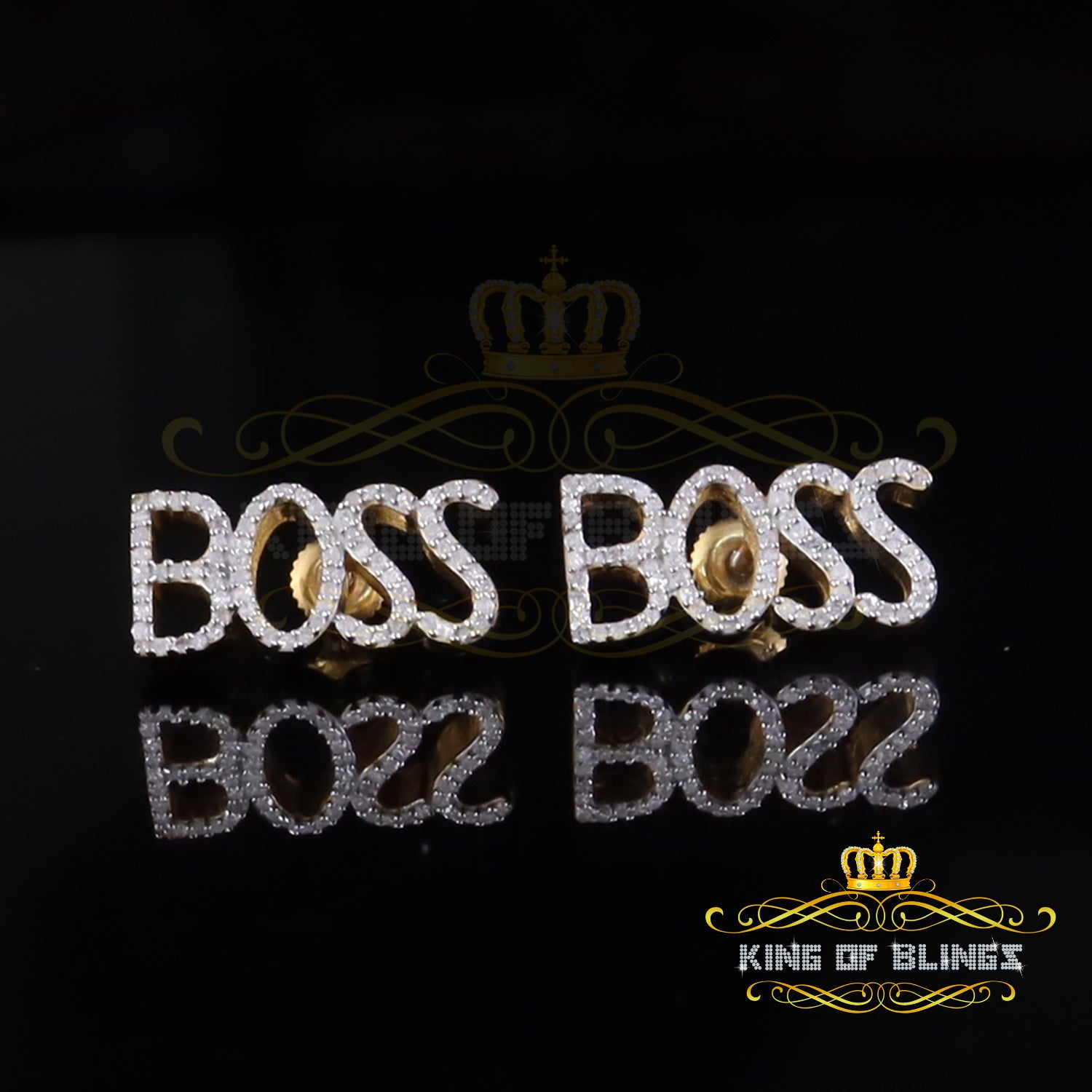 King of Blings-925 Sterling Silver Yellow Natural BOSS Women's 0.20 Ct Diamonds Stud Earrings KING OF BLINGS