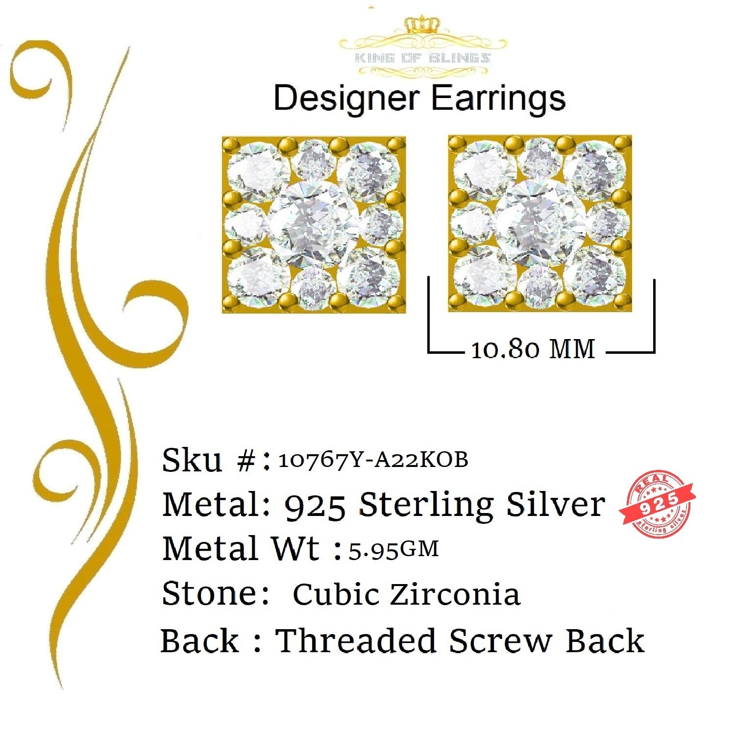 King of Bling's Yellow 2.28ct Cubic Zirconia 925 Sterling Silver Hip Hop Square Ladies Earrings KING OF BLINGS