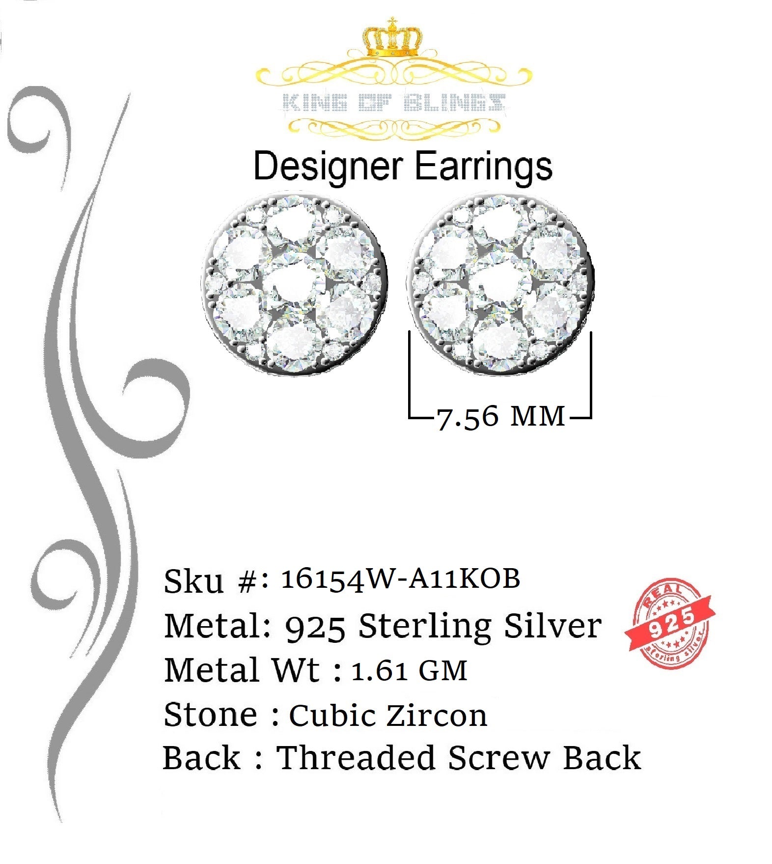 King of Blings- 1.72ct Cubic Zirconia 925 White Sterling Silver Women's Hip Hop Round Earrings KING OF BLINGS
