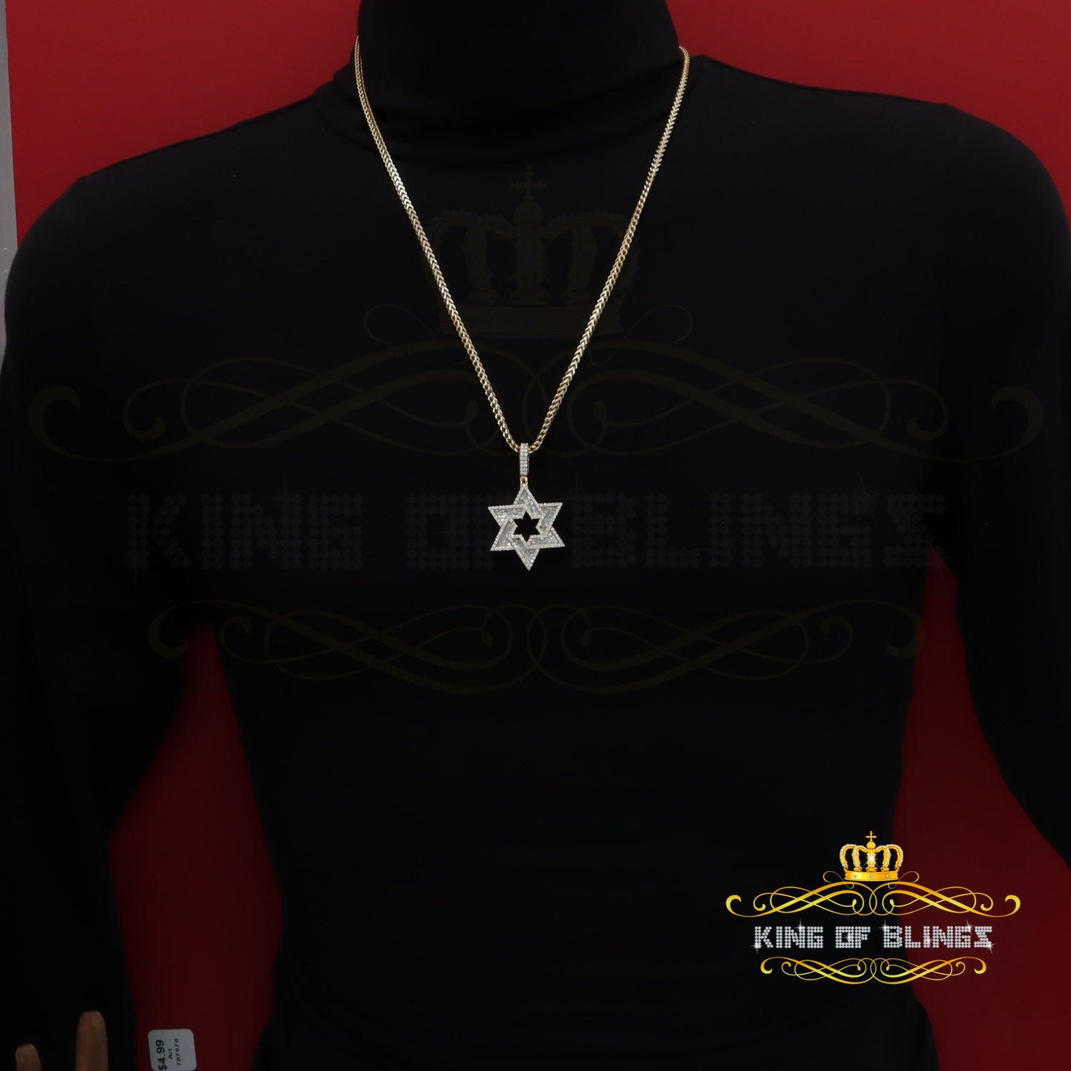 King Of Bling's 925 Silver Moissanite Yellow Bagutte David Star Pendant for Men's 3.00ct VVS D KING OF BLINGS