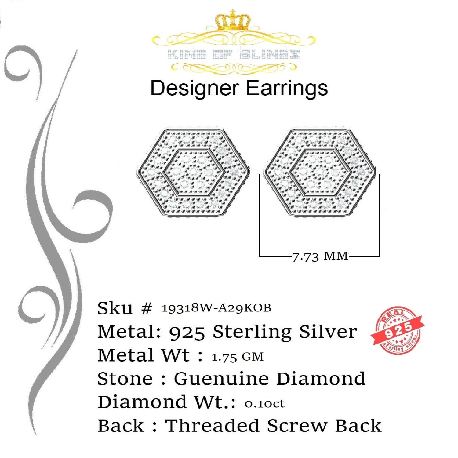King Of Bling's 0.10ct Diamond 925 Sterling Silver Hip Hop White Stud Earring For Men / Women KING OF BLINGS