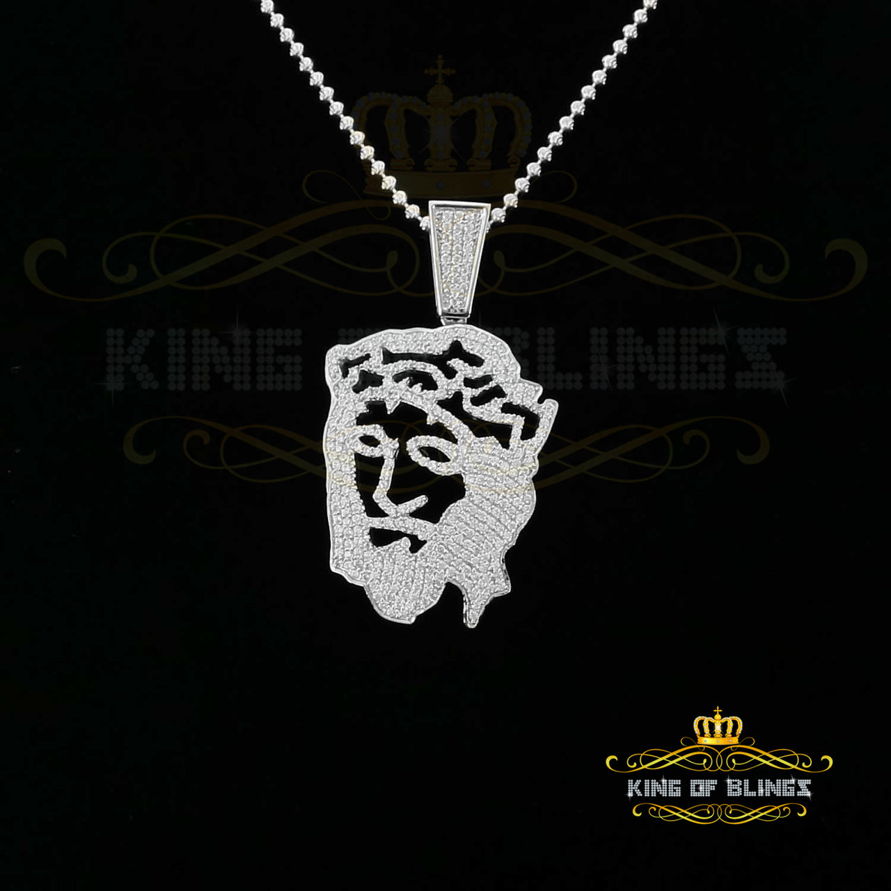 King Of Bling's Special 925 White Sterling Silver Jesus Face Pendant with 6.41ct Cubic Zirconia KING OF BLINGS