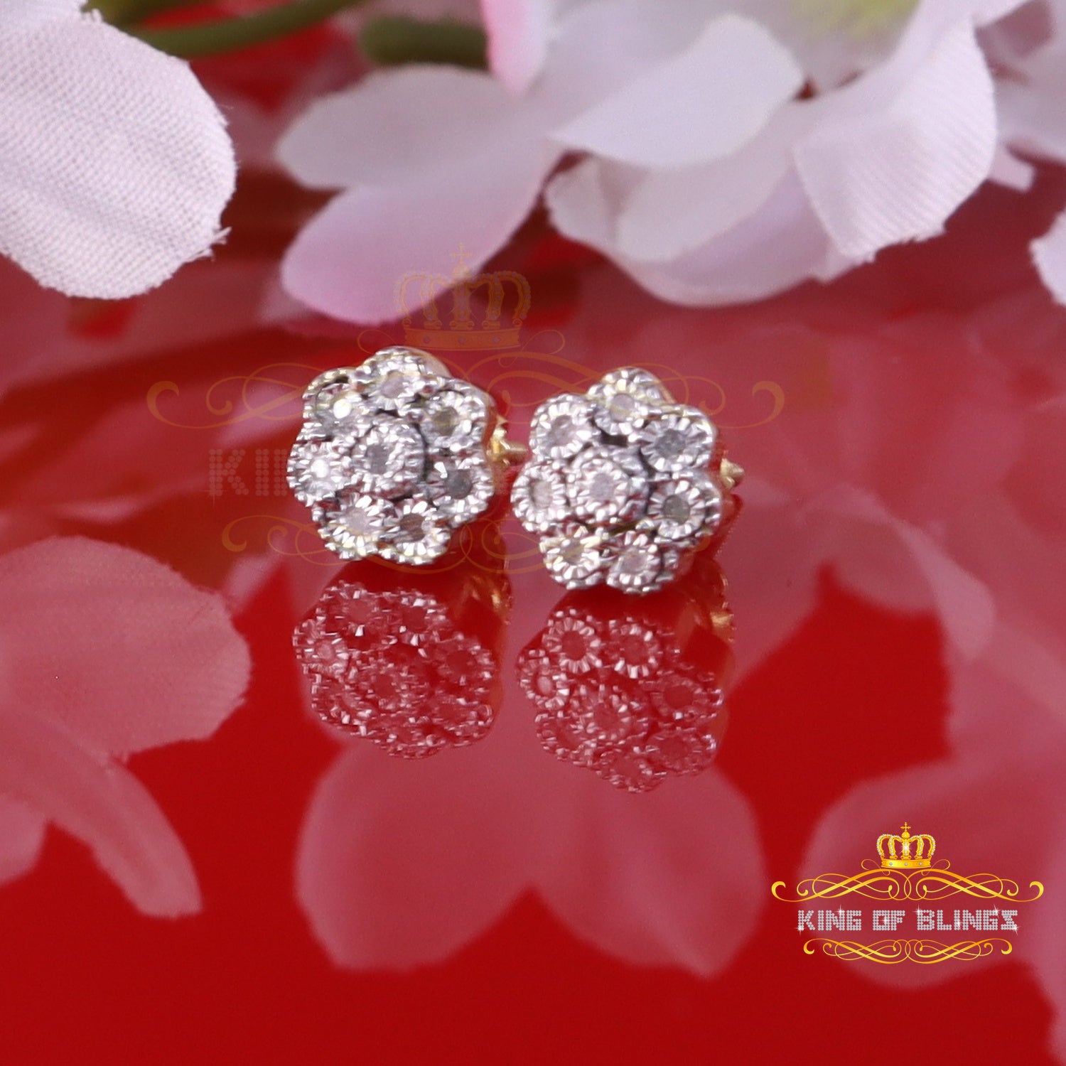 0.03ct Diamond 925 Sterling Silver Yellow Floral illusion Earrings For Men Women KING OF BLINGS