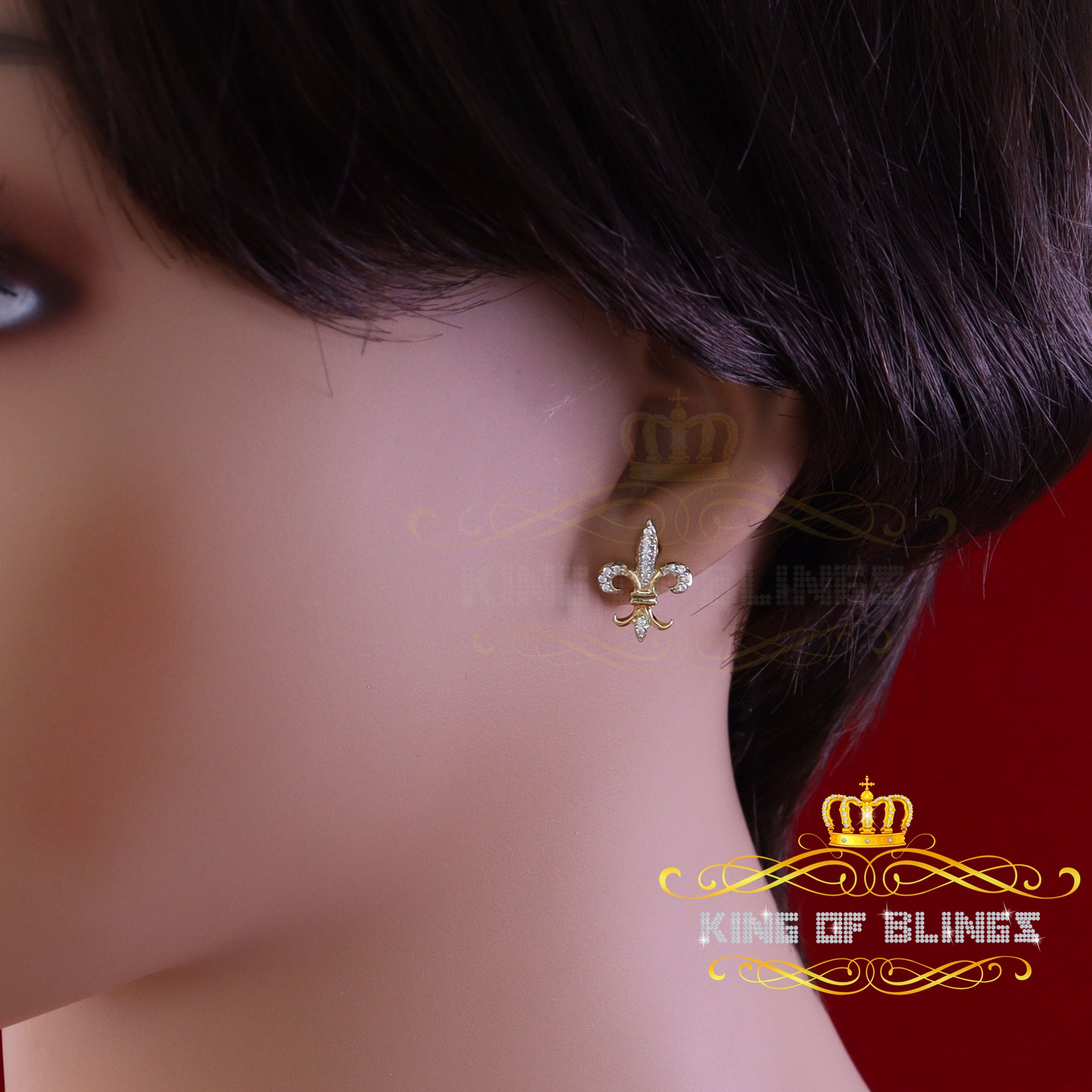King of Bling's 925 Yellow Silver Fleur de Lis Screw Back 0.25ct Cubic Zirconia Ladies Earrings KING OF BLINGS